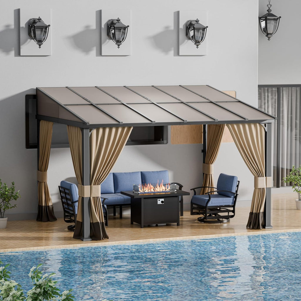 ALAULM 10'x 12' Outdoor Hardtop Pergola,Wall Mounted Lean to Gazebo with Curtains and Netting,Galvanized Metal Frame,Sunshade for Patio, Backyard, Deck and Lawns-Sand