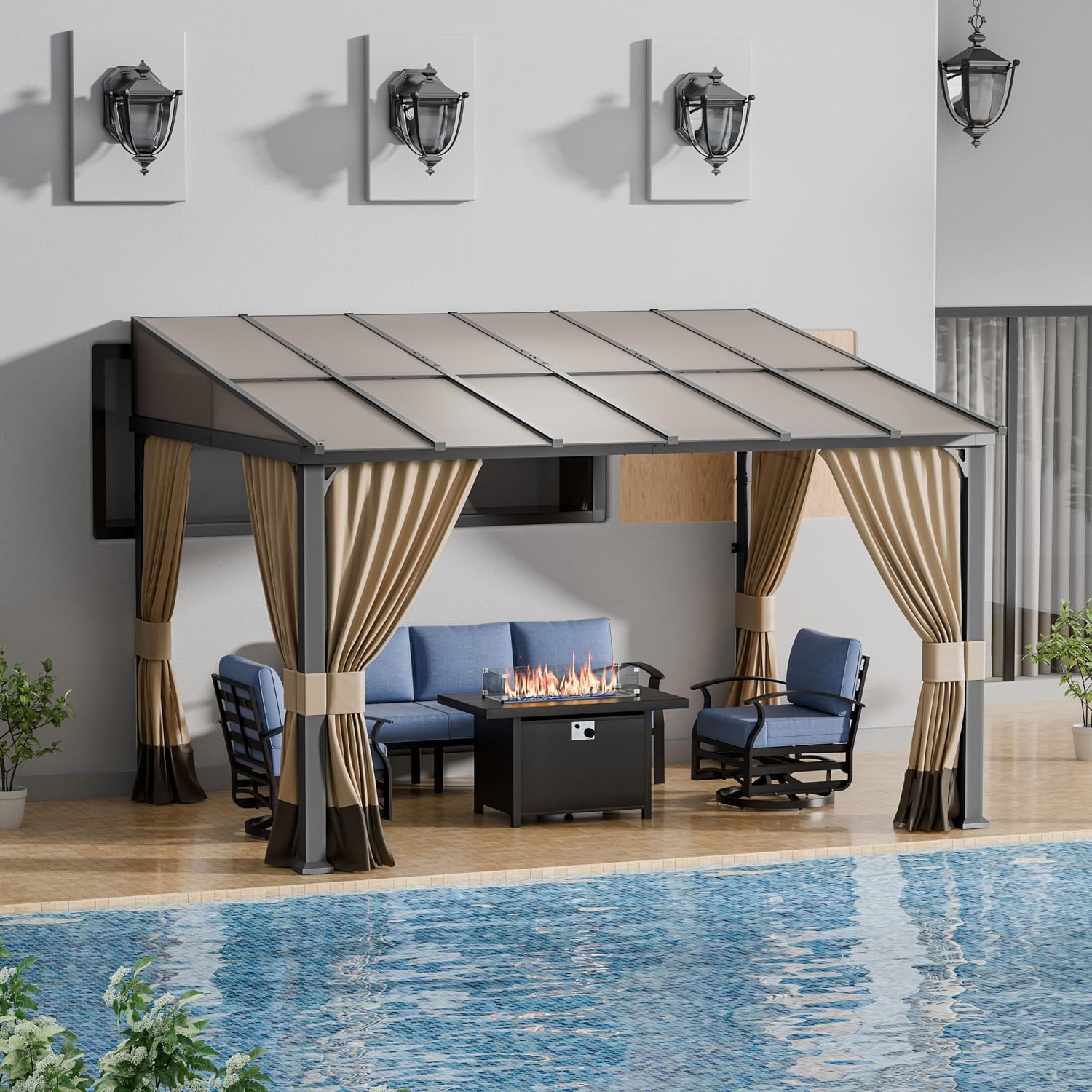 ALAULM 10'x 12' Outdoor Hardtop Pergola,Wall Mounted Lean to Gazebo with Curtains and Netting,Galvanized Metal Frame,Sunshade for Patio, Backyard, Deck and Lawns-Sand