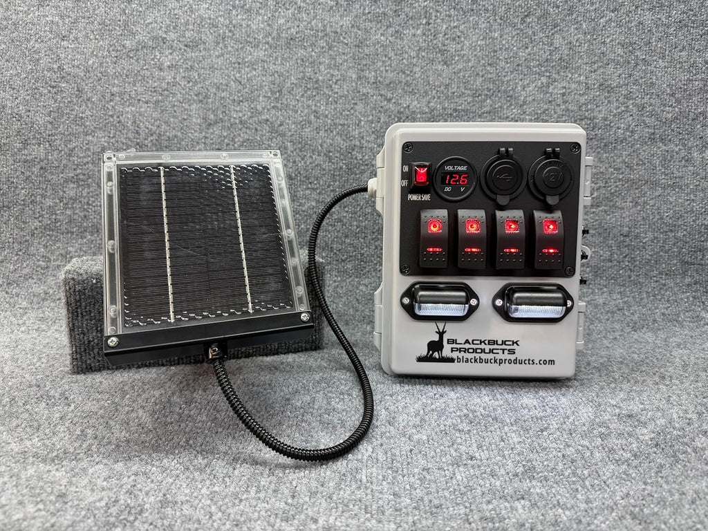 Blackbuck Deer Blind Power Bank Charger with Solar Panel – 12V Hunting Blind Battery Pack, USB/USB-C/DC Charging Station, LED Lights, Weather-Resistant Deer Stand Accessory