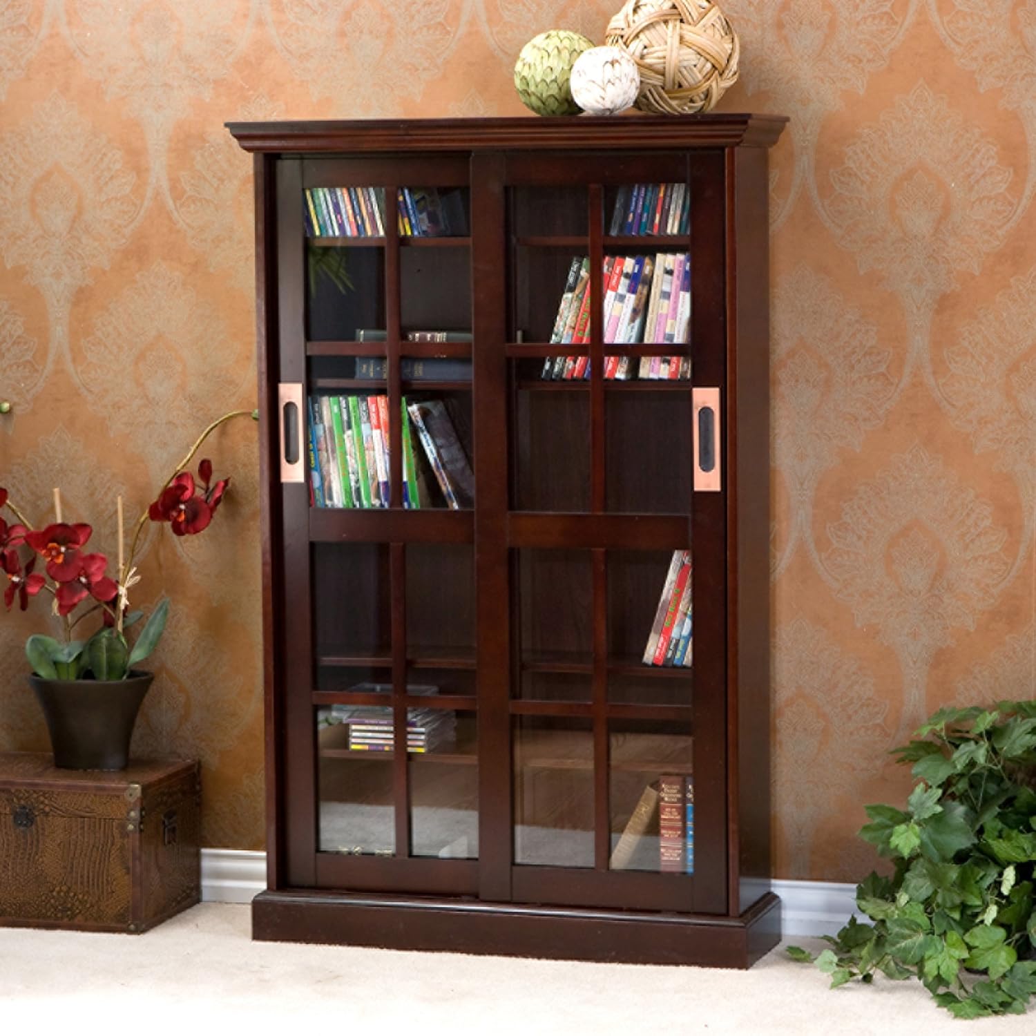 SEI Furniture - Media Cabinet with Sliding Doors - Espresso - Transitional Design, Brown Glass and Wood - Ideal for Home Office, Living Room (MS1071)