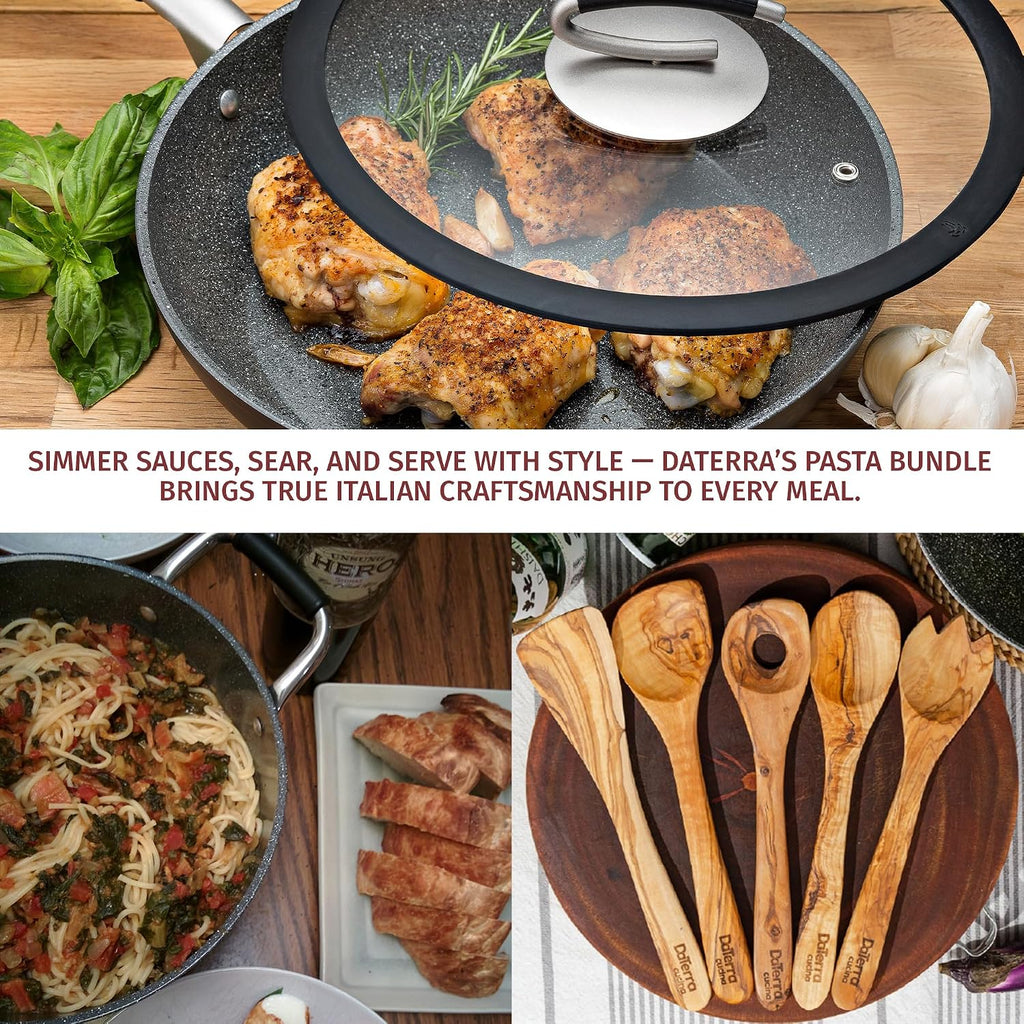 DaTerra Cucina Nonstick Large Pasta Bundle – Induction Compatible Ceramic Coated Non Stick Frying Pan & Dutch Oven Set w/Olive Wood Utensils - Ideal for Frying, Sautéing & Roasting - Made in Italy