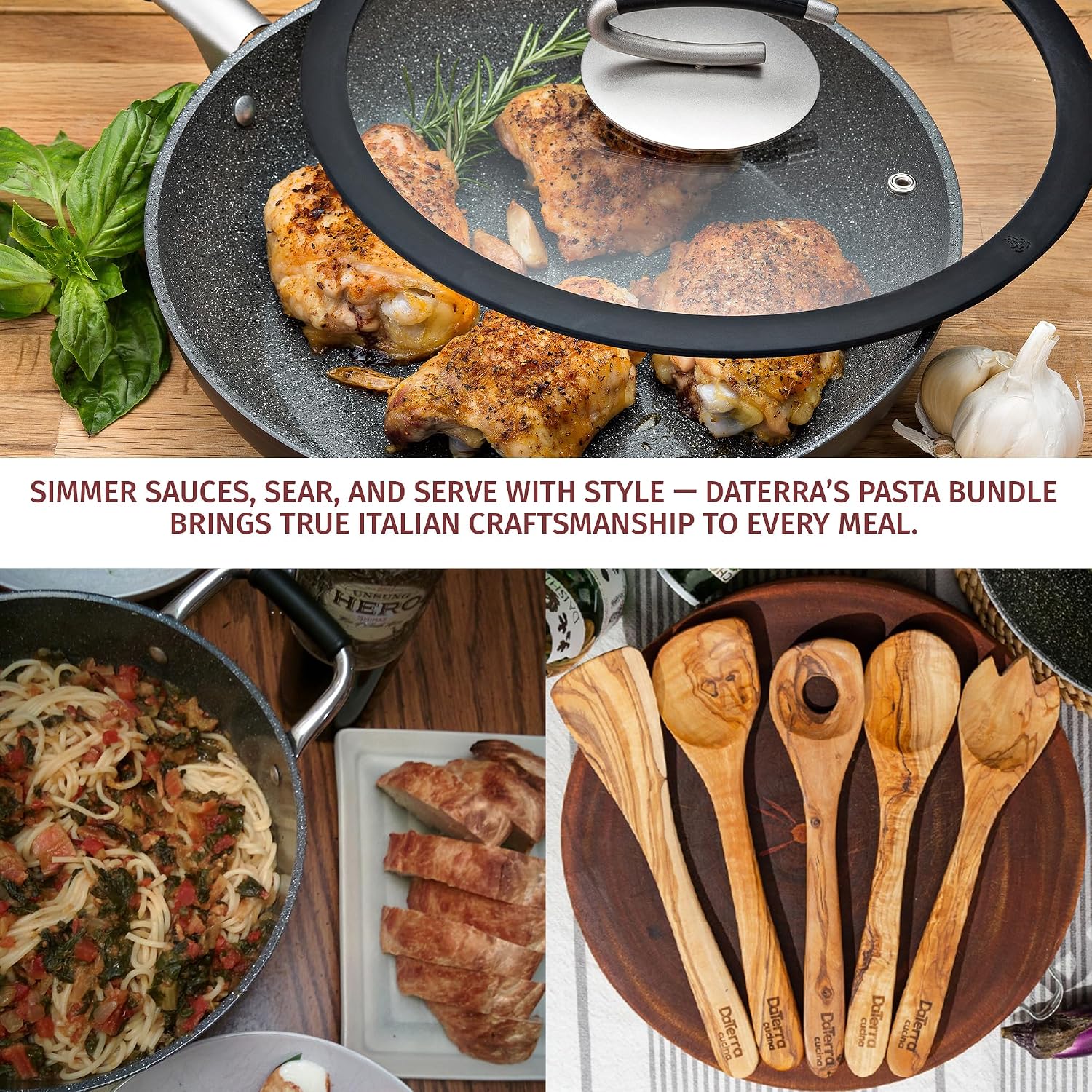 DaTerra Cucina Nonstick Large Pasta Bundle – Induction Compatible Ceramic Coated Non Stick Frying Pan & Dutch Oven Set w/Olive Wood Utensils - Ideal for Frying, Sautéing & Roasting - Made in Italy