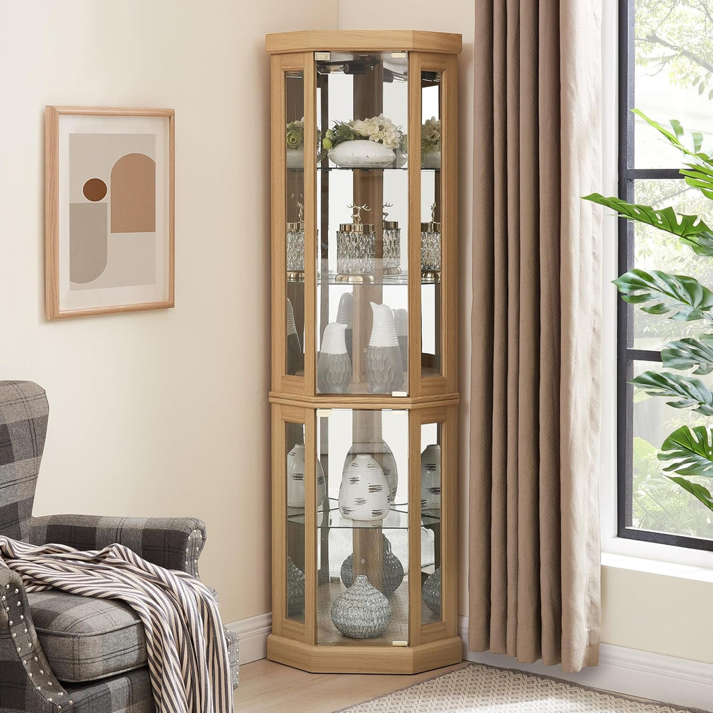 JT Corner Glass Cabinet Lighted Curio Cabinet Corner Display Case for Living Room, Curio, Antique Collection, Wine,Bar Glass Storage Light Included (Light Oak)