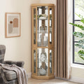 JT Corner Glass Cabinet Lighted Curio Cabinet Corner Display Case for Living Room, Curio, Antique Collection, Wine,Bar Glass Storage Light Included (Light Oak)