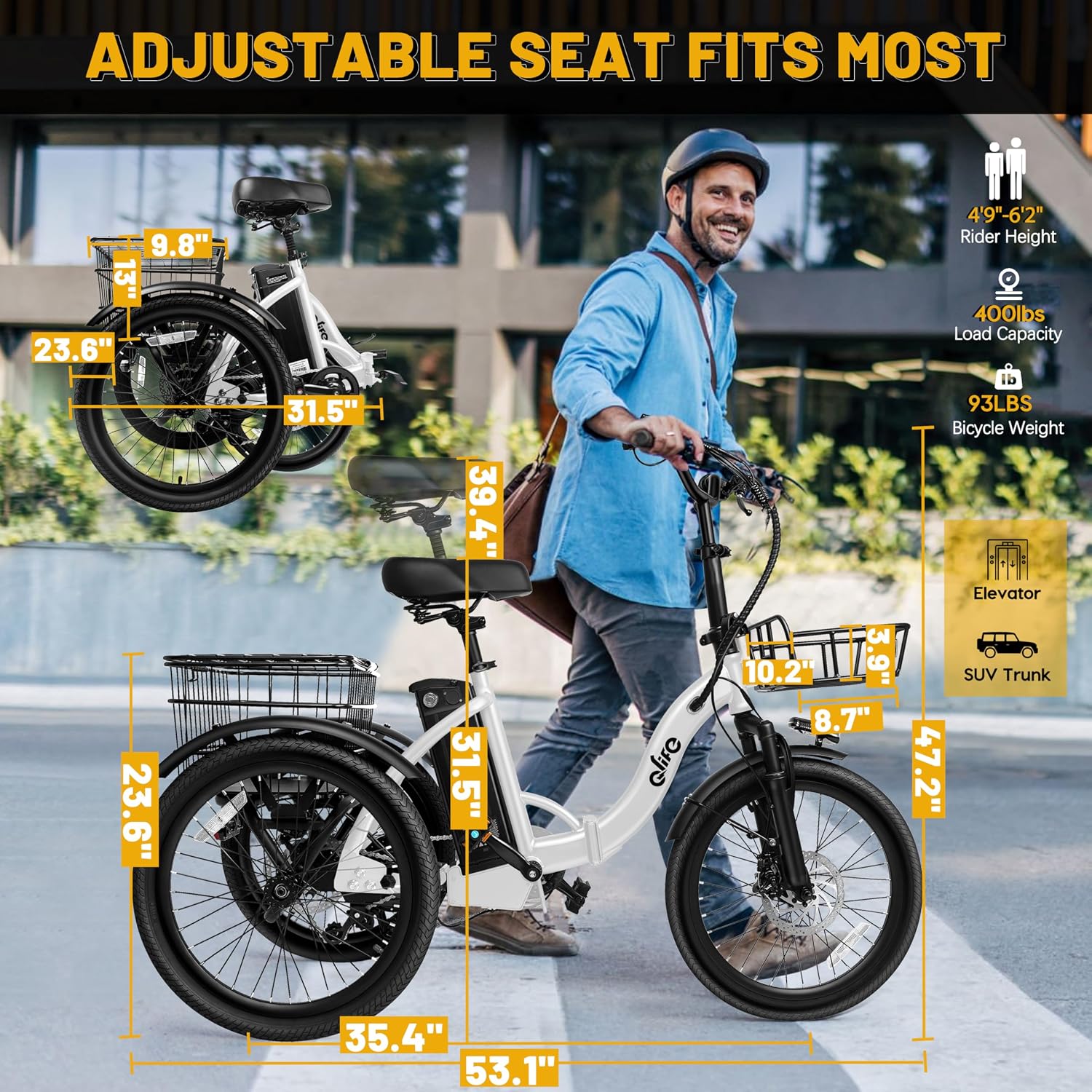 Qlife Triker Electric Bike, Peak 1200W Brushless Motor Folding Trike Ebike, 499Wh Removable Battery, Step-Thru 3 Wheel Electric Bicycle, Up to 55 Miles, 18 Tire Tricycle for Adults
