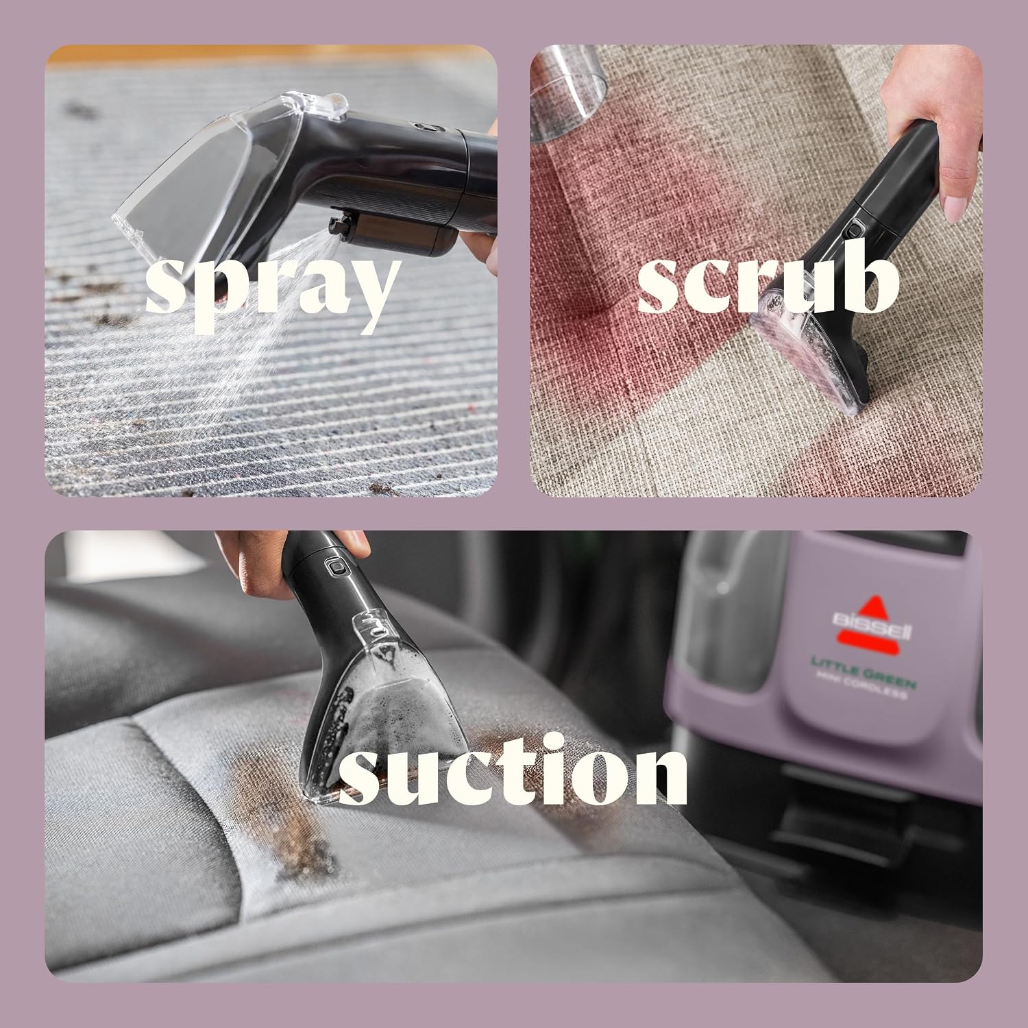 BISSELL Little Green Mini Cordless Portable Carpet and Upholstery Deep Cleaner, Car/Auto Detailer, with HydroRinse Self-Cleaning Tool and 4' Tough Stain Tool, Limited Edition Color Dusk Pink, 4015F