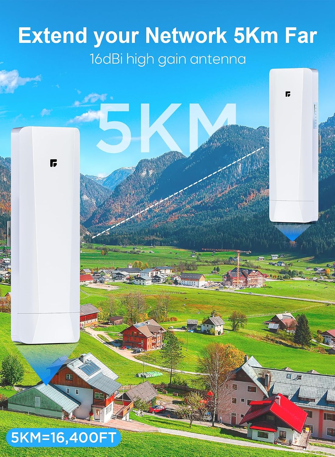 Wireless Bridge, Pre-Configured 3 Pack Long Range WiFi Bridge for Point to Multi-Point, High-Speed Network Bridge with Hotspot, for Stores, Barn, Garage, Building, 100/1000Mbps LAN Port. 3 Pack (5KM)