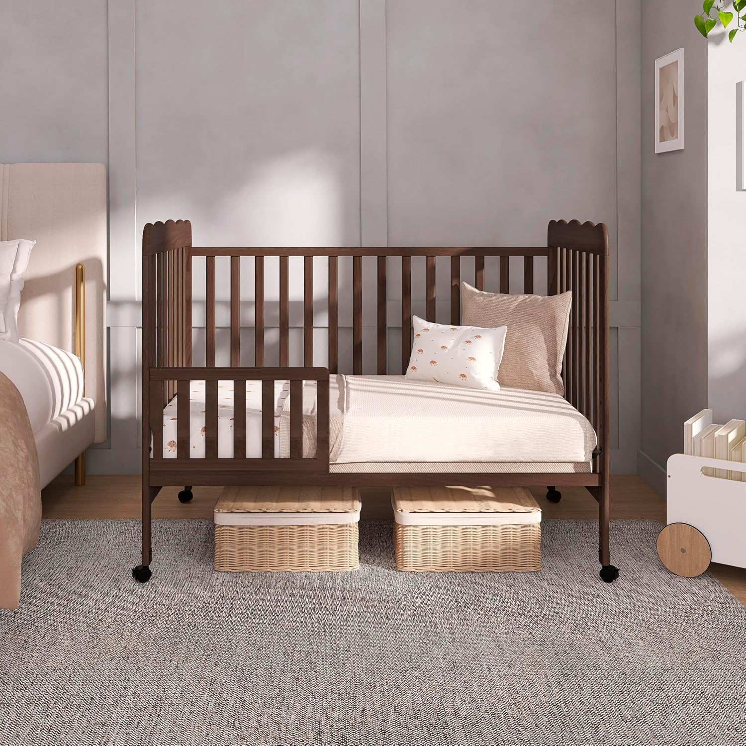 Dream On Me Carson Classic 3-in-1 Convertible Full-Size Baby Crib in Smokey Oak, GreenGuard Gold & BSA, 4 Mattress Heights, Converts to Day & Toddler Bed, Locking Wheels, Classic Nursery Design