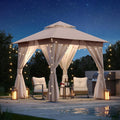 LAUSAINT HOME Patio Gazebo 8'x8', Outdoor Heavy Duty Party Tent Shelter with Double Roofs, Mosquito Nettings and Privacy Screens for Backyard, Garden, Lawn, Khaki
