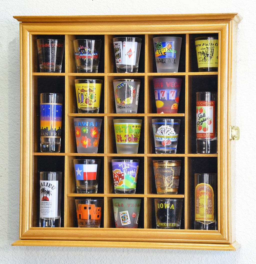 sfDisplay.com,LLC. 21 Shot Glass Shotglass Shooter Display Case Holder Cabinet Wall Rack 98% UV Lockable