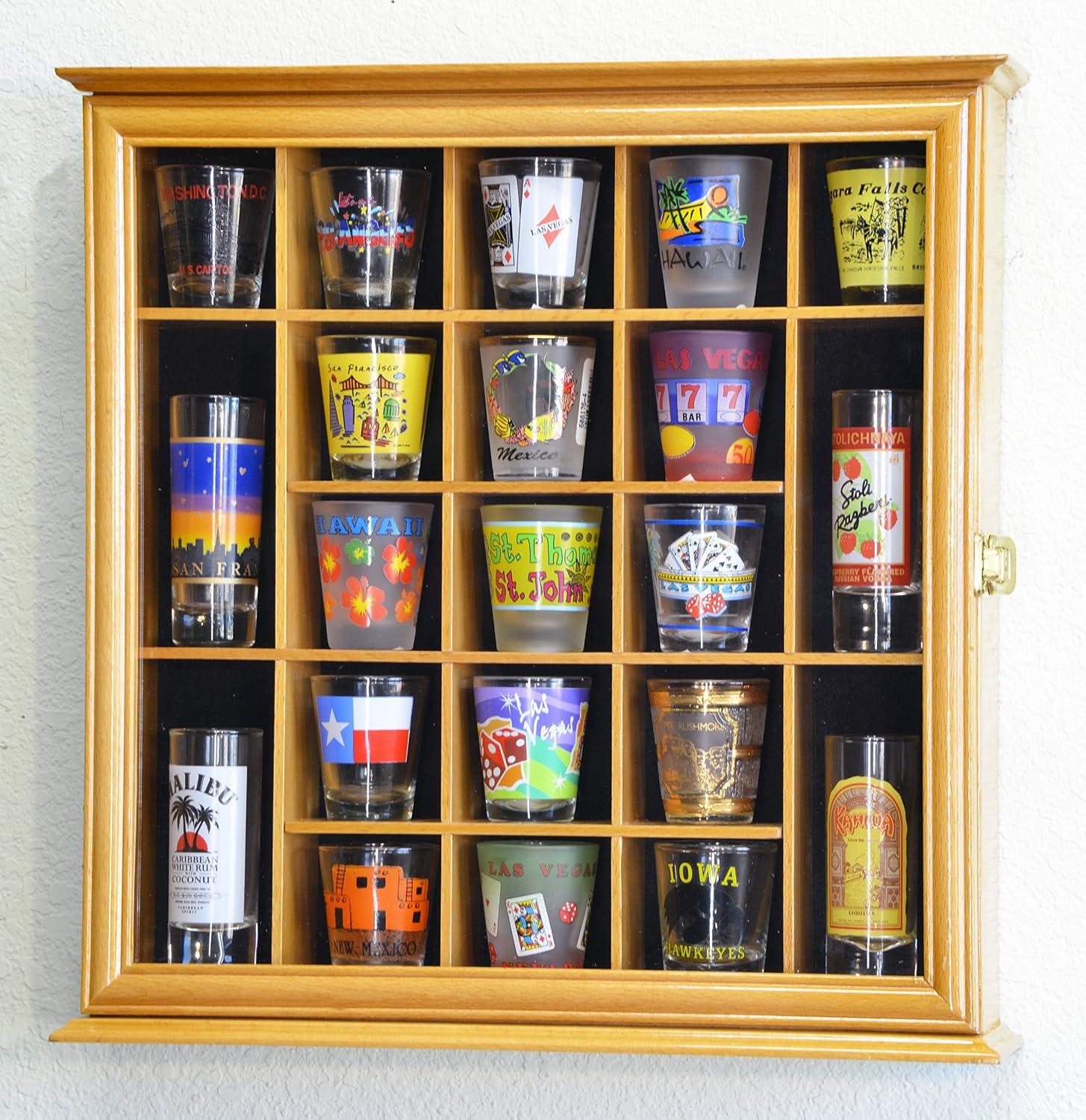 sfDisplay.com,LLC. 21 Shot Glass Shotglass Shooter Display Case Holder Cabinet Wall Rack 98% UV Lockable