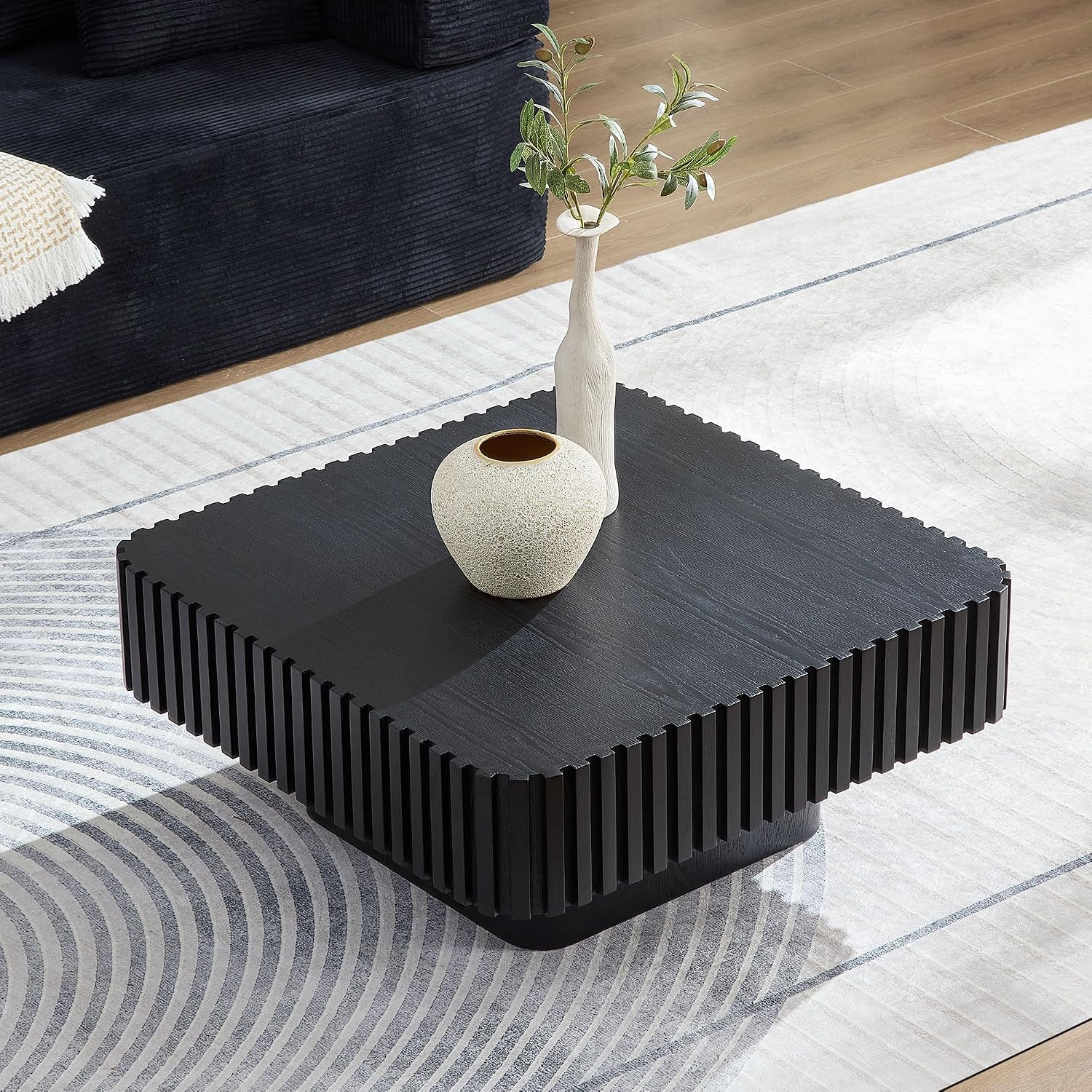 31.49'' Square Coffee Table Set of 2 for Living Room, Modern Wood Drum Pedestal Flute Embossment Coffee Table, Easy Assembly (Black, 2-Pcs)