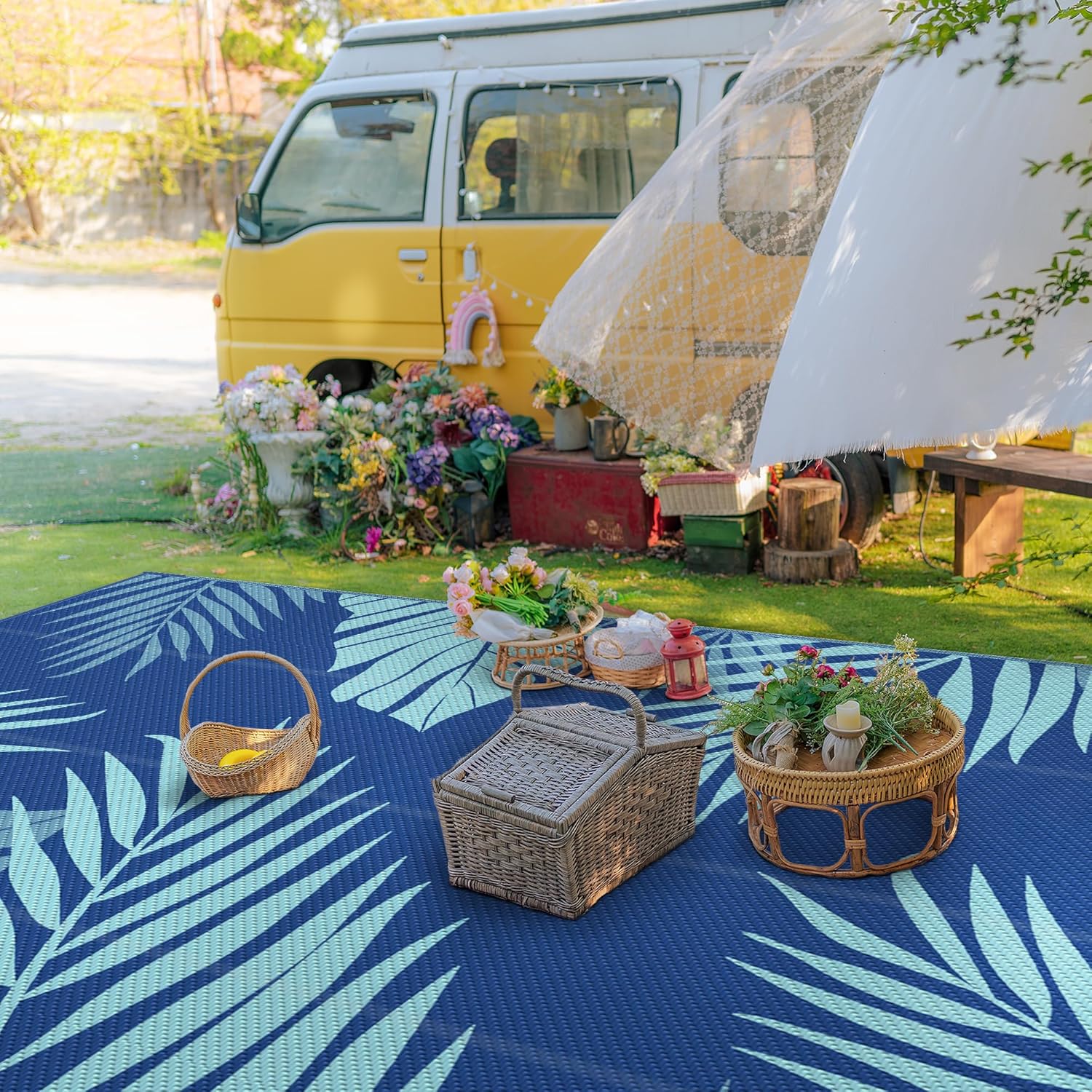GENIMO Outdoor Rug 10' x 14' Waterproof for Patios Clearance, Reversible Outdoor Plastic Straw Camping Rug Carpet, Large Area Rugs Mats for RV, Camper, Deck, Balcony, Porch, Beach, Royalblue&Bluegreen