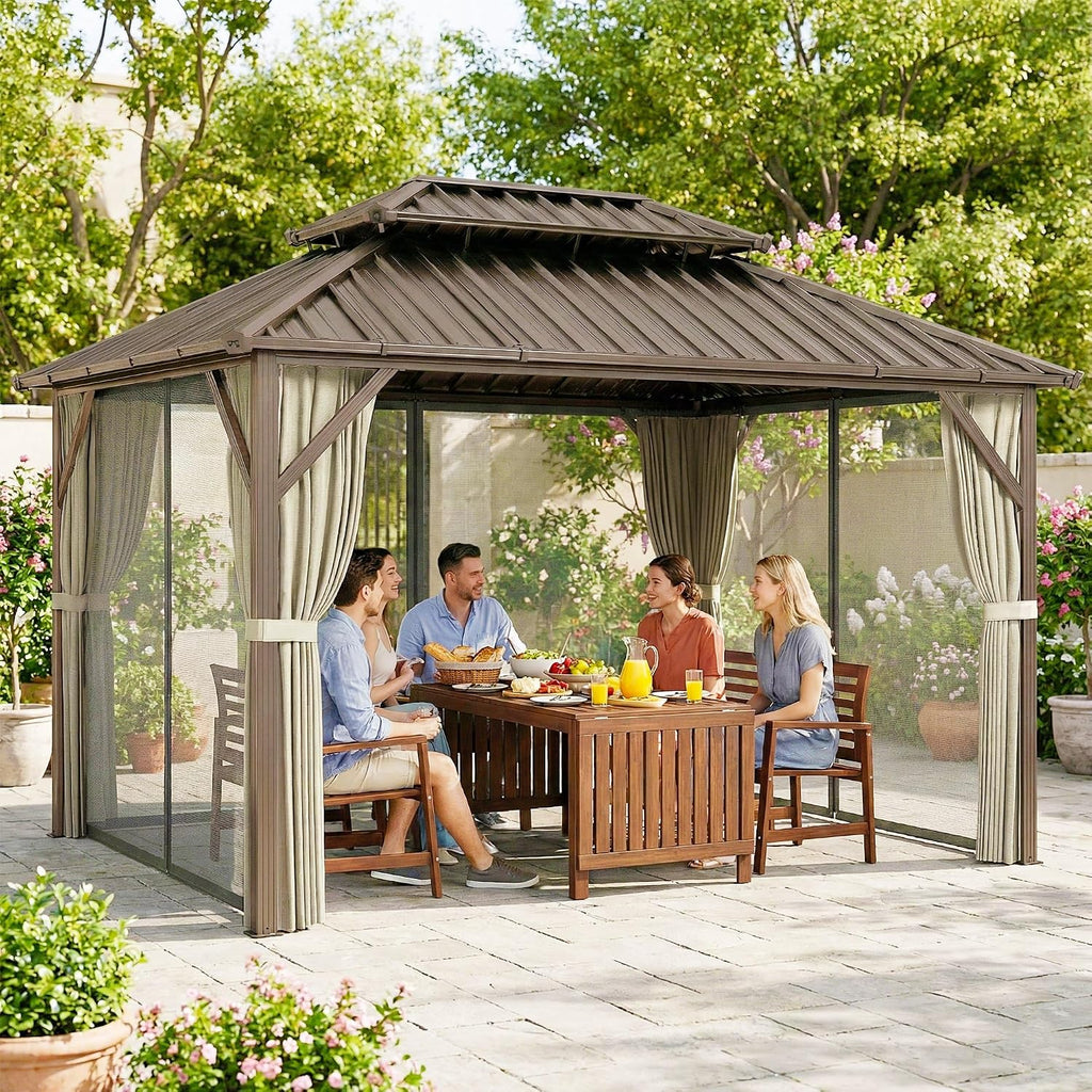 Outsunny 10' x 14' Hardtop Gazebo with UPF50+ Double Galvanized Steel Roof Canopy, Aluminum Frame Permanent Outdoor Gazebo with Curtains and Netting, Ceiling Hooks, Brown