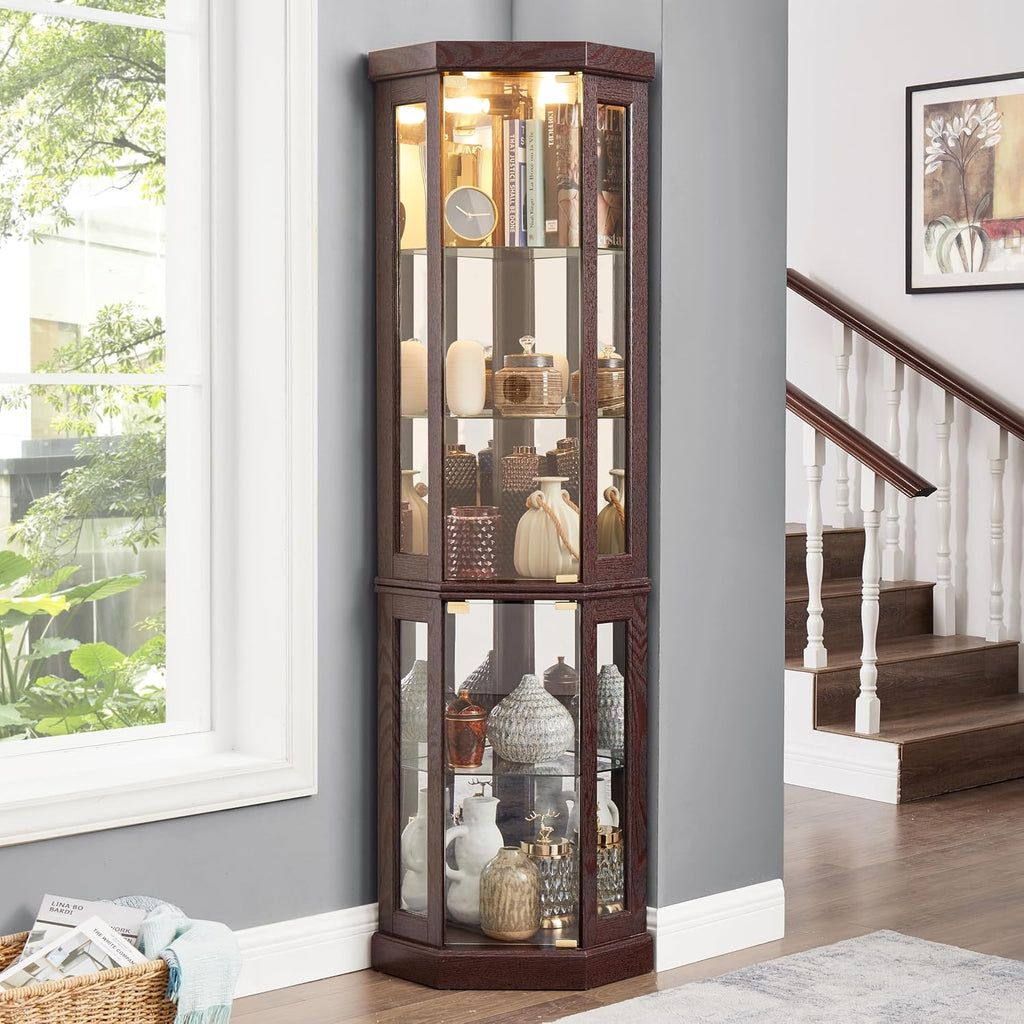 JT Corner Glass Cabinet Lighted Curio Cabinet Corner Display Case for Living Room, Curio, Antique Collection, Wine,Bar Glass Storage Light Included (Cherry)
