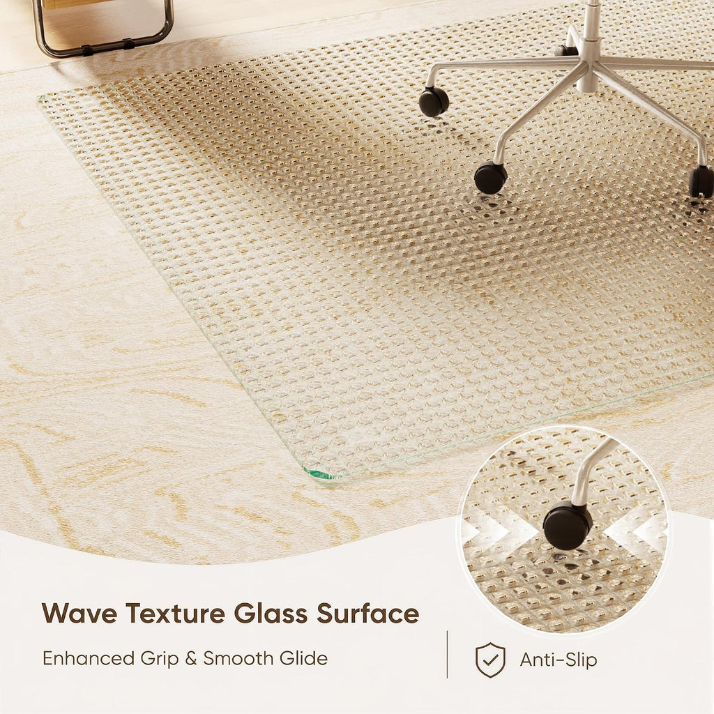 VETROUVE 46' x 55' Glass Chair Mat for Carpet, Single-Sided Textured Heavy Duty Hard Tempered Glass Desk Office Mat with 4 Anti-Slip Pads, 1/5' Thick, Smooth Rolling, Scratch Resistant