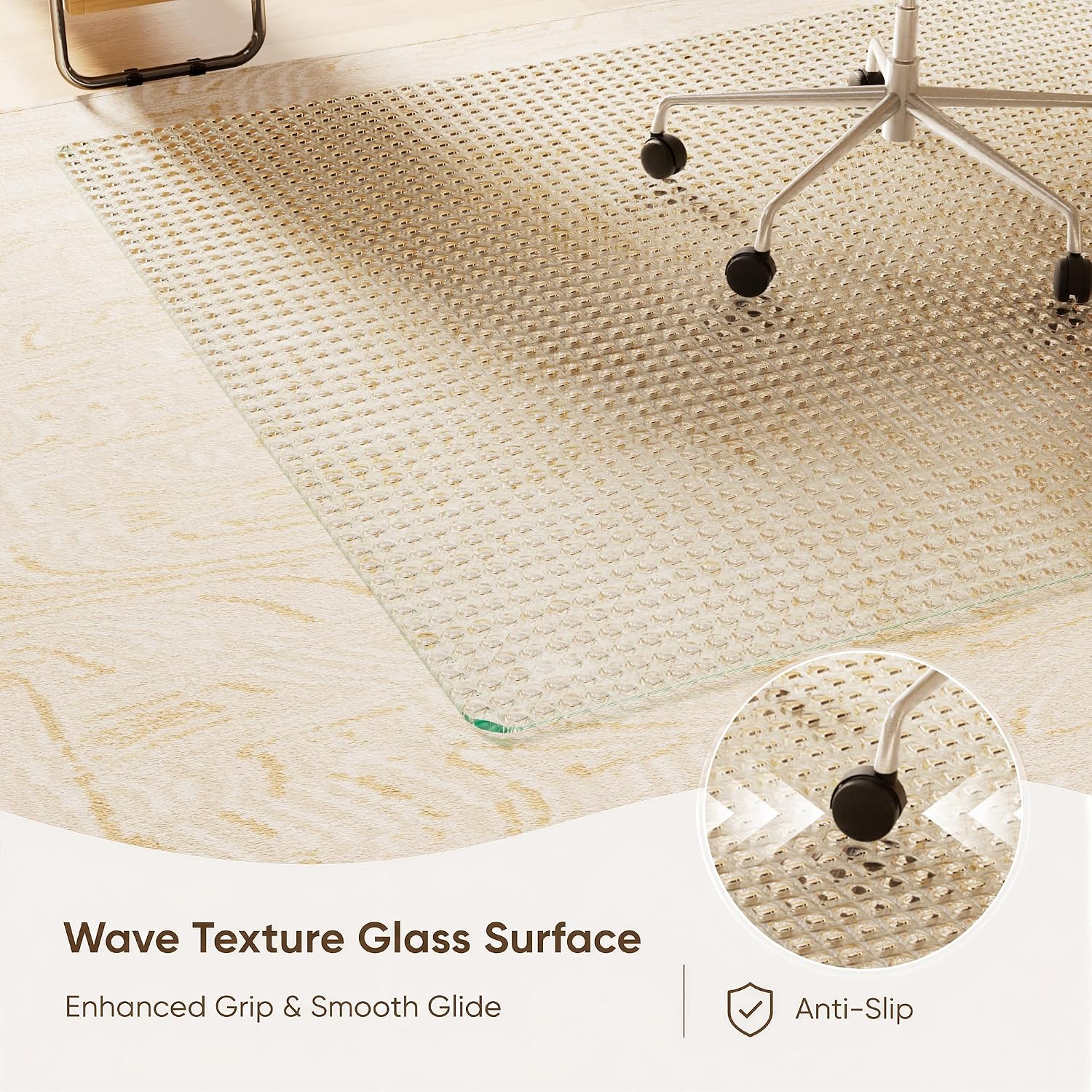 VETROUVE 46' x 55' Glass Chair Mat for Carpet, Single-Sided Textured Heavy Duty Hard Tempered Glass Desk Office Mat with 4 Anti-Slip Pads, 1/5' Thick, Smooth Rolling, Scratch Resistant