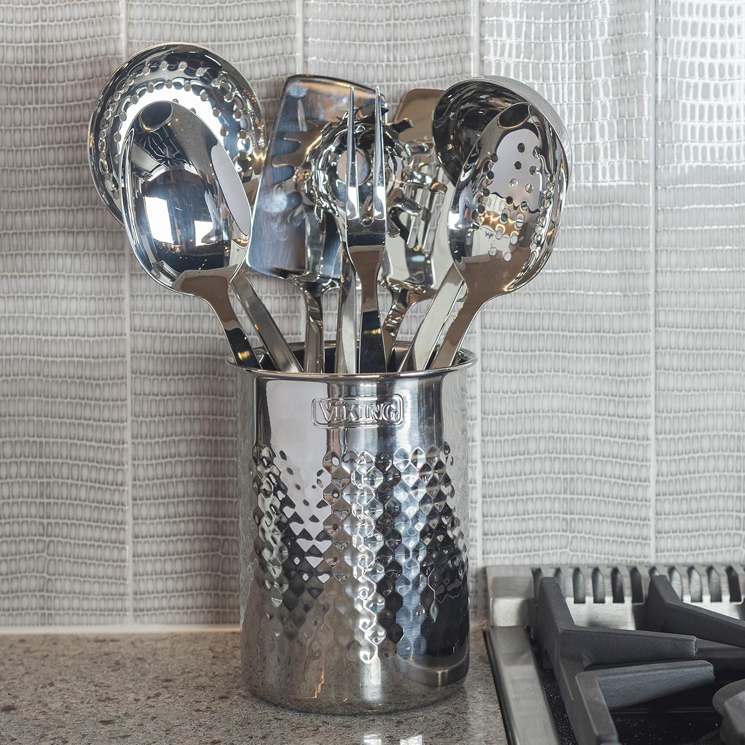Viking Culinary Contemporary 3-Ply Stainless Steel Cookware Set, 10 Piece, Dishwasher, Oven Safe & Culinary Hammered Stainless Steel Utensil Holder, Dishwasher Safe,Silver 6.75' x 4.75'