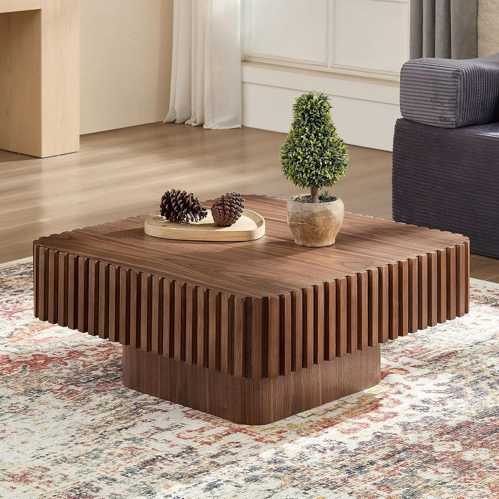 31.49'' Square Coffee Table Set of 2 for Living Room, Modern Wood Drum Pedestal Flute Embossment Coffee Table, Easy Assembly (Walnut, 2-Pcs)