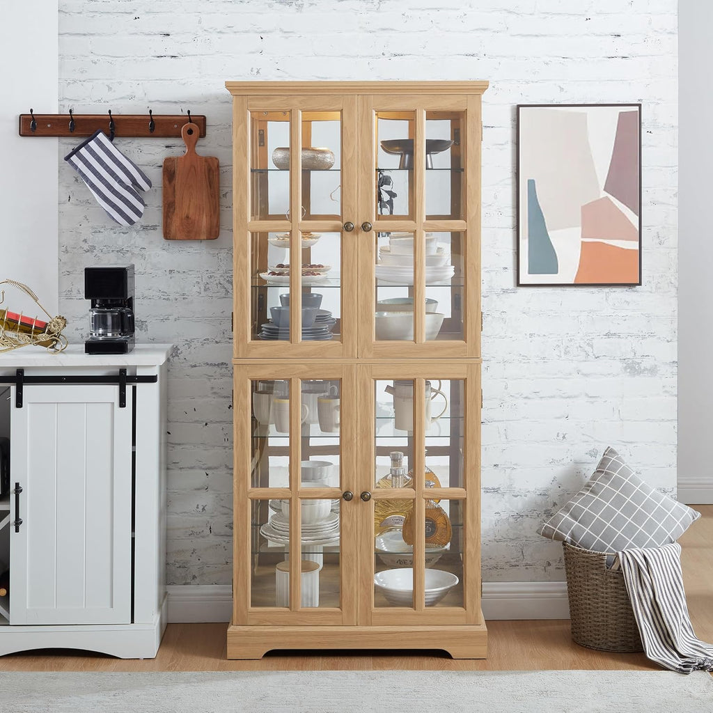 KEIKI Curio Display Cabinet, 68.7' H Lighted Glass Display Cabinet, w/ 4 Glass Doors & Adjustable Shelves, Vintage Showcase with E26 Bulb for Home or Office, Oak