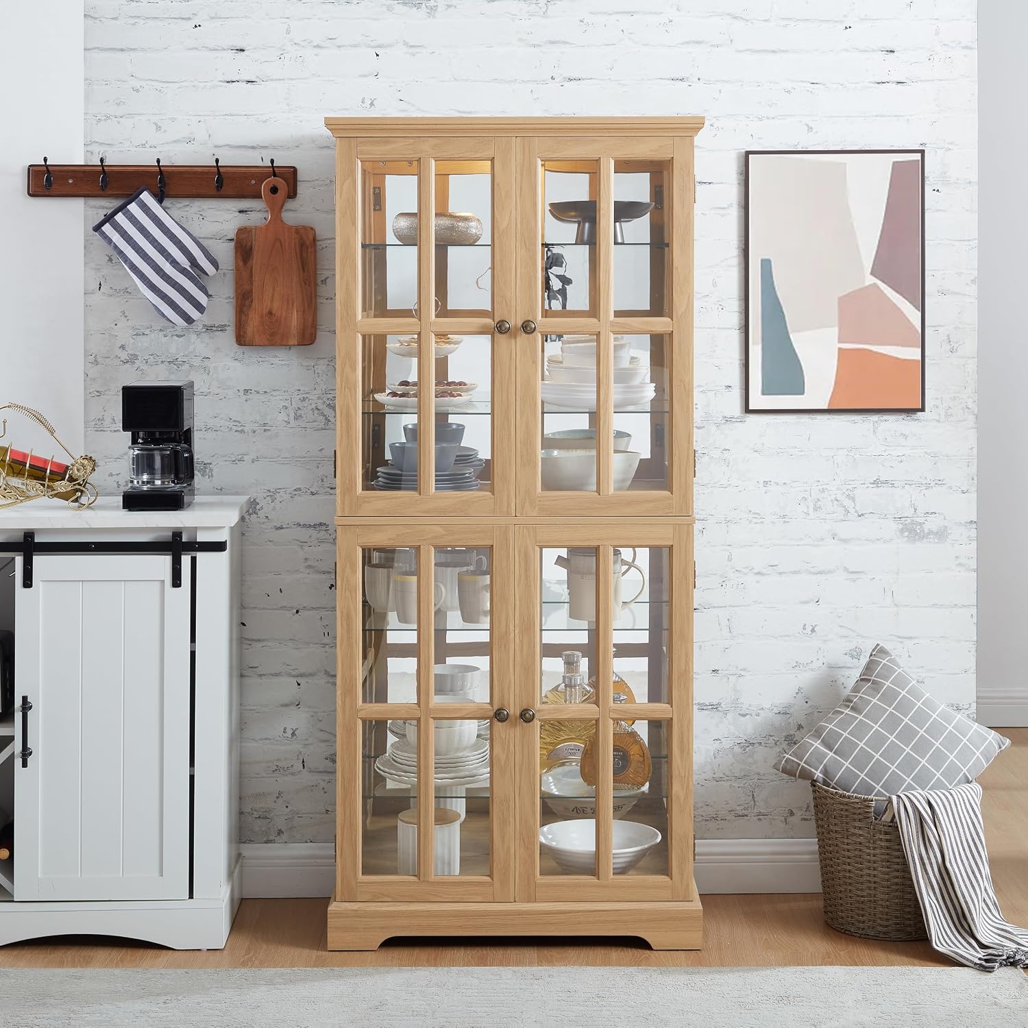 KEIKI Curio Display Cabinet, 68.7' H Lighted Glass Display Cabinet, w/ 4 Glass Doors & Adjustable Shelves, Vintage Showcase with E26 Bulb for Home or Office, Oak