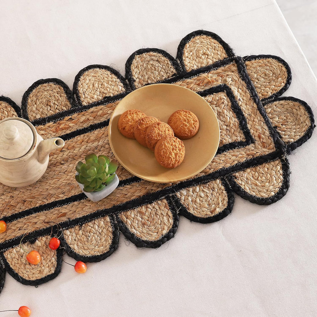 Pack of 2 Handmade Hand Braided Natural with Black Jute Scalloped Shape Eco-Friendly Table Runner-Runner for Dining Table Rug-13 x 96 Inch