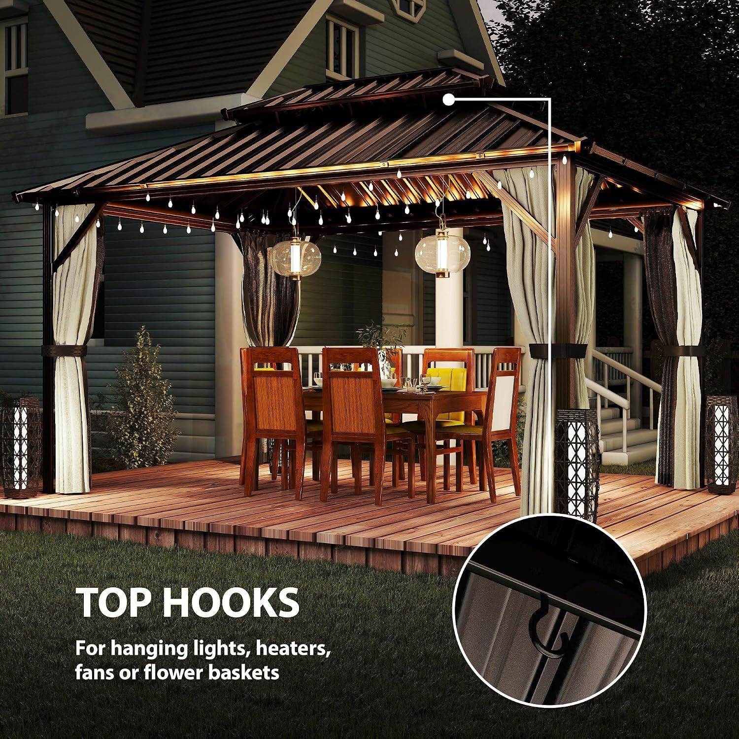 Outsunny 10' x 14' Hardtop Gazebo with UPF50+ Double Galvanized Steel Roof Canopy, Aluminum Frame Permanent Outdoor Gazebo with Curtains and Netting, Ceiling Hooks, Brown