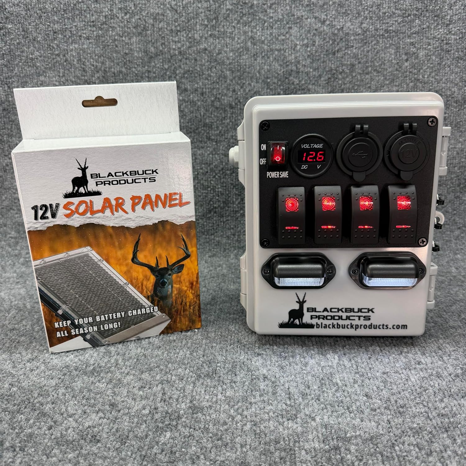 Blackbuck Deer Blind Power Bank Charger with Solar Panel – 12V Hunting Blind Battery Pack, USB/USB-C/DC Charging Station, LED Lights, Weather-Resistant Deer Stand Accessory