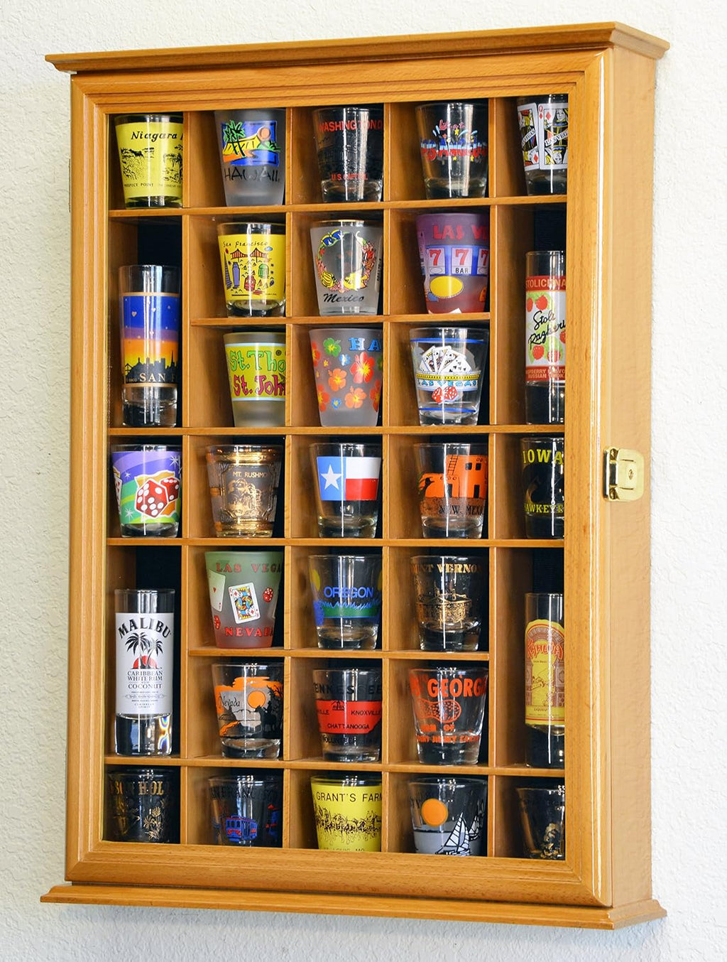 sfDisplay.com,LLC. 31 Shot Glass Shotglass Shooter Display Case Holder Cabinet Wall Rack -Oak