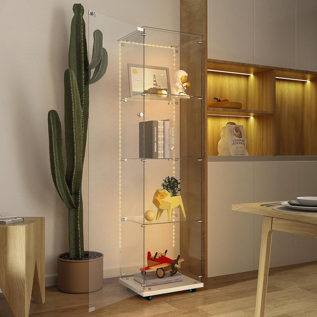 Modern Glass Display Cabinet 4-Shelf with LED Light, Lock and Wheels, 1 Door Curio Cabinets, Tempered Glass Collection Display Showcase for Living Room Home Office,15.6x13.5x65 H,White