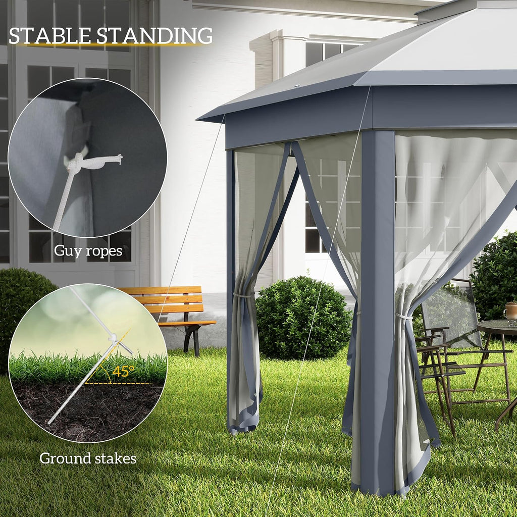 Outsunny 13' x 13' Pop Up Gazebo, Hexagonal Canopy Shelter with 6 Zippered Mesh Netting, Event Tent with Strong Steel Frame for Patio Backyard Garden Wedding Party, Gray