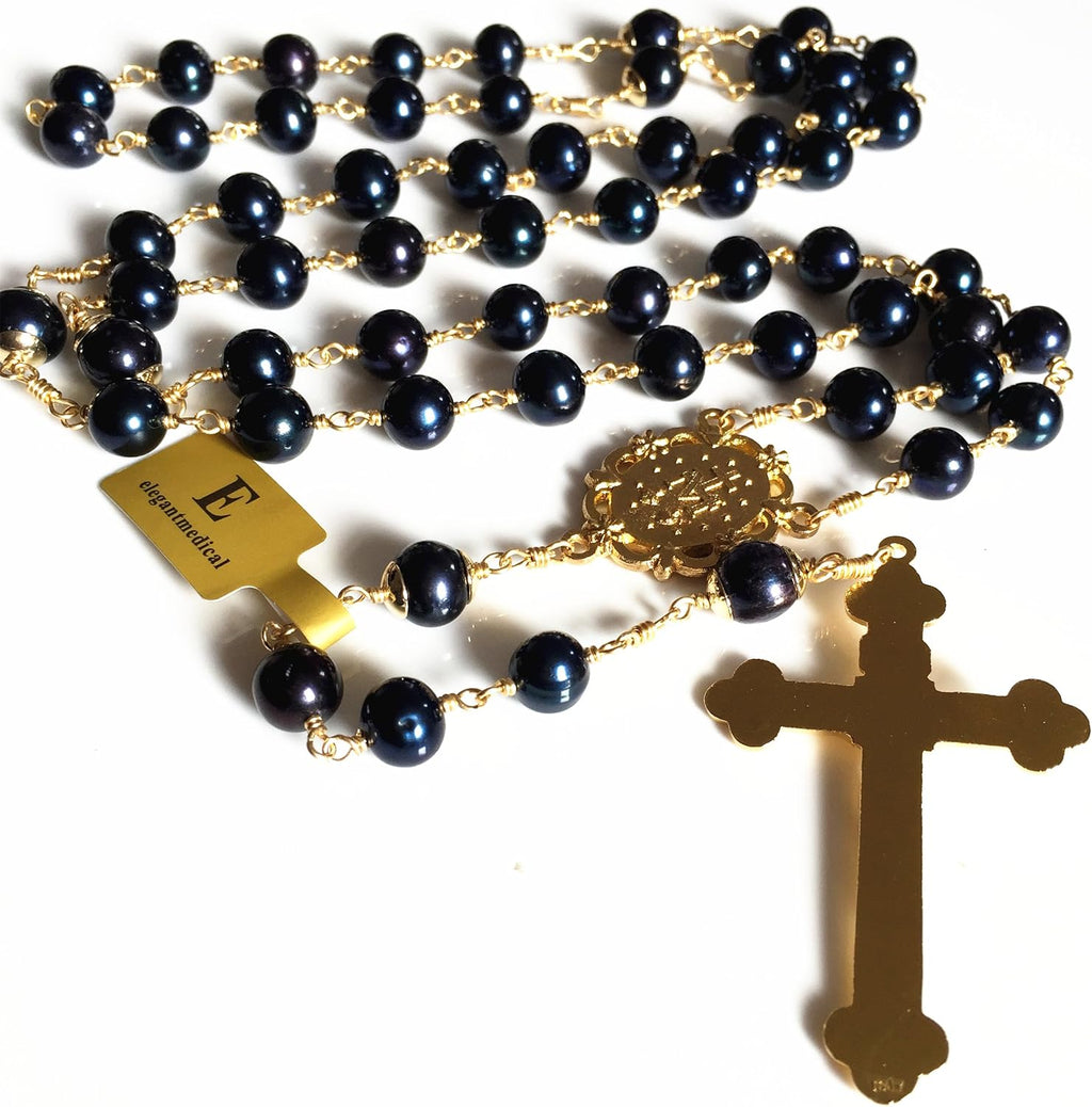 elegantmedical HANDMADE Wire Wrapped Black AAA10mm Real Pearl BEADS GOLD ROSARY CROSS Necklace & box Catholic GIFTS