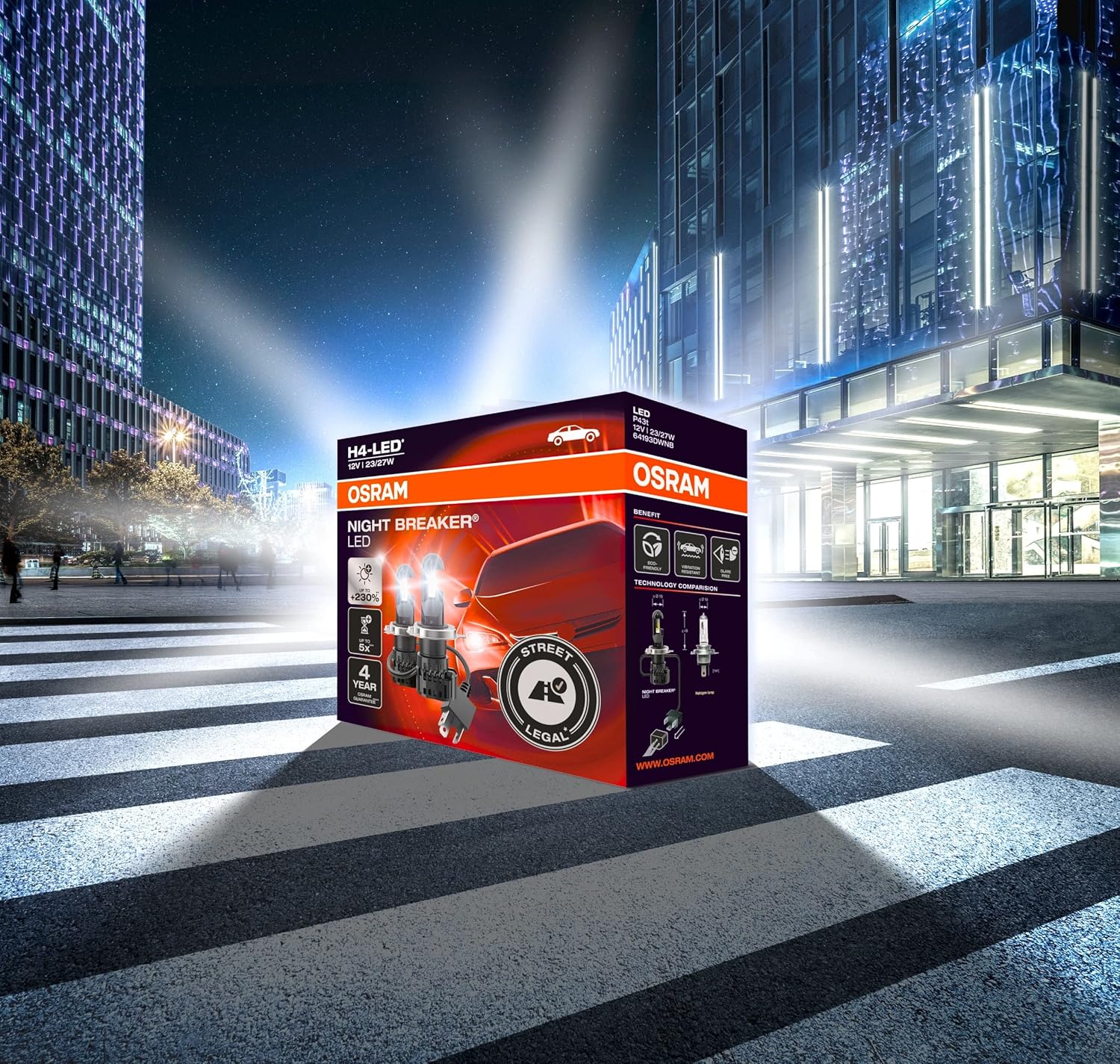 OSRAM Night Breaker H4 LED; Up to 230 Percent More Brightness, Legal Low and High Beam with Road Legal in Germany and Austria, Black