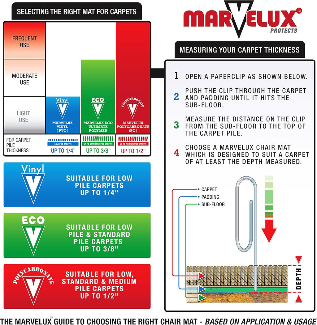 Marvelux Office Chair Mat for Carpeted Floors, Heavy Duty Polycarbonate for Medium Pile Carpets, Rectangular 48' x 60' Clear Office Chair Carpet Protector