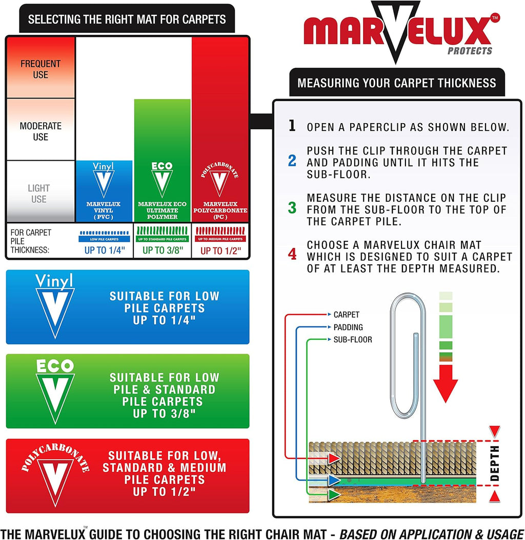 Marvelux 47' x 53' Heavy Duty Polycarbonate Office Chair Mat with Lip for Carpets | Transparent Carpet Protector for Low, Standard and Medium Pile Carpeted Floors | Multiple Sizes