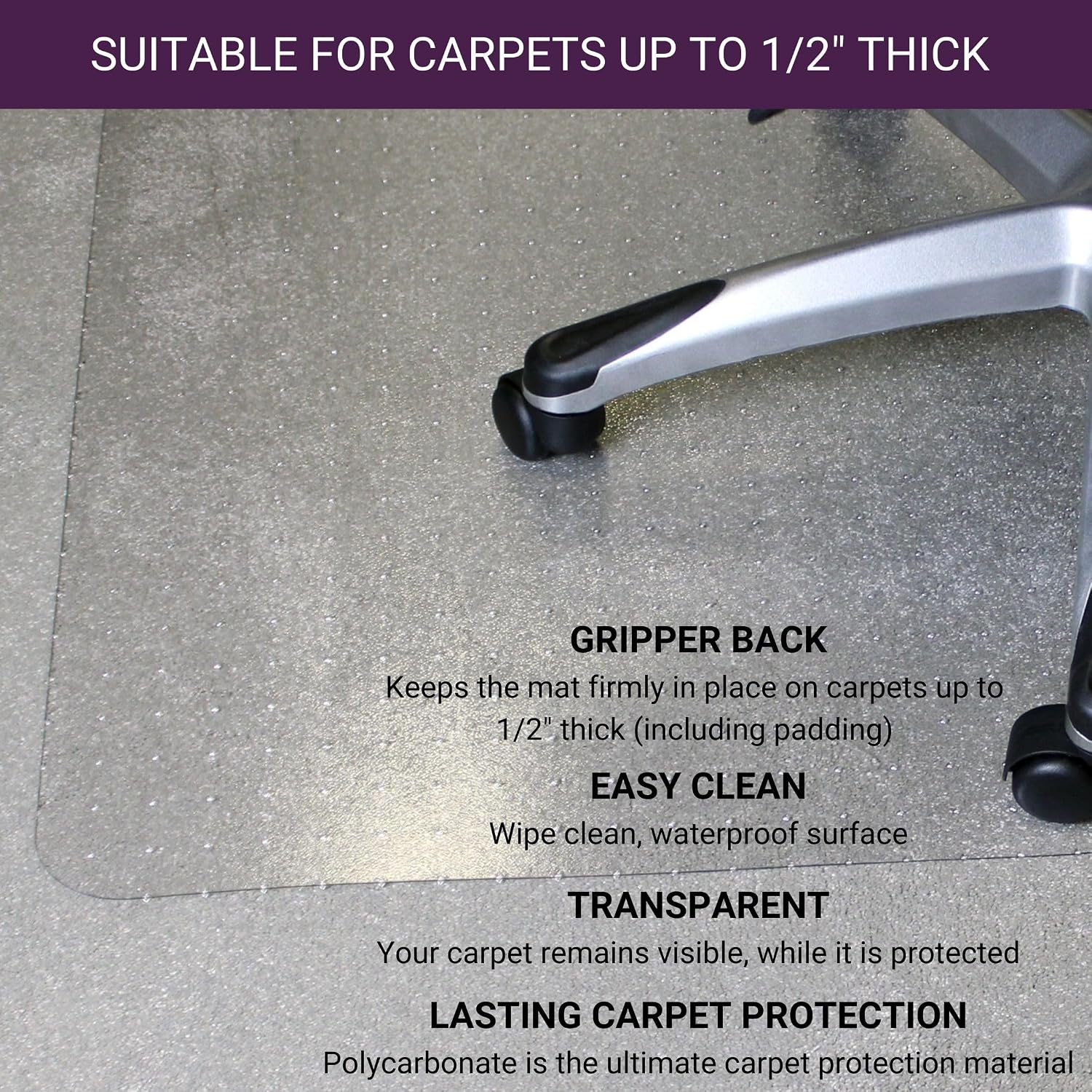 Marvelux Office Chair Mat for Carpeted Floors, Heavy Duty Polycarbonate for Medium Pile Carpets, Rectangular 48' x 60' Clear Office Chair Carpet Protector