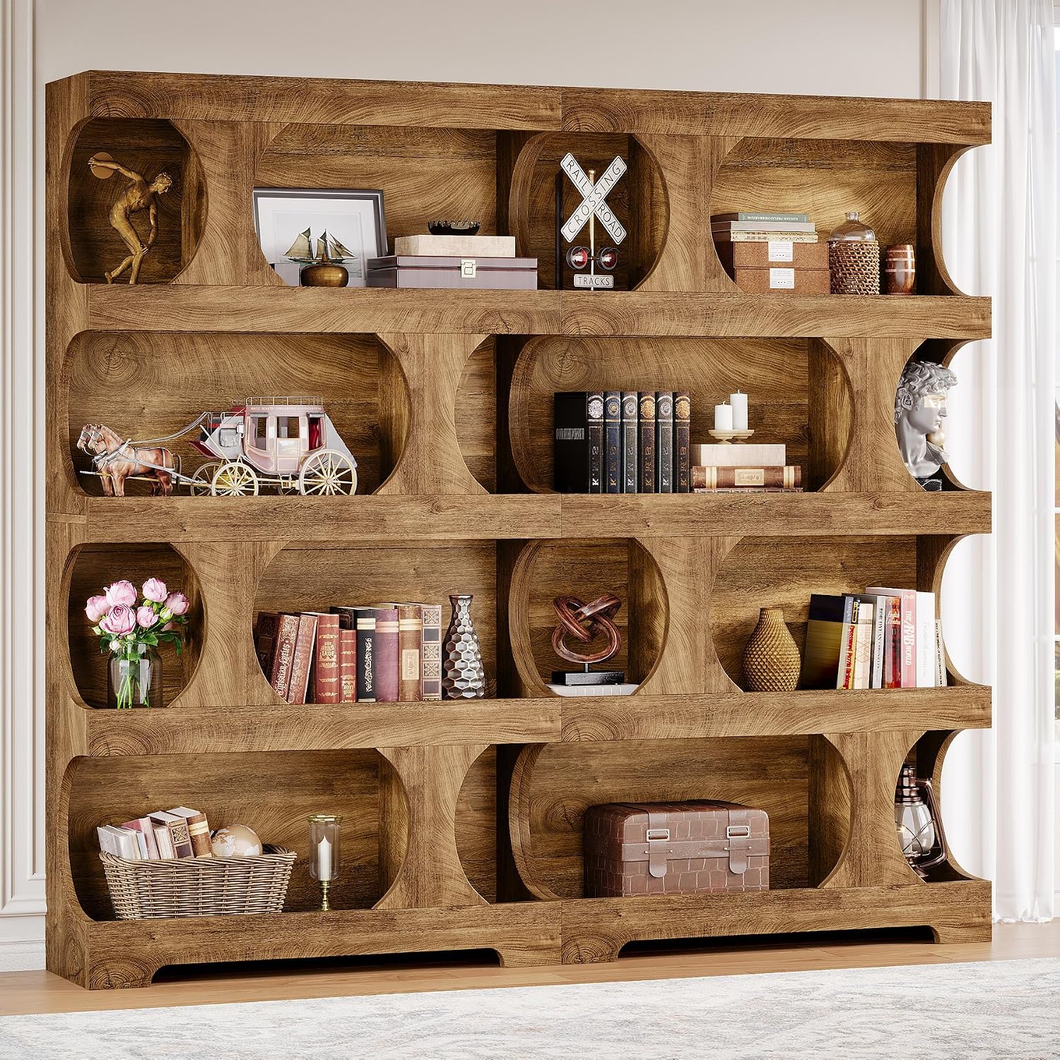 Tribesigns 71' Tall Bookcase Set of 2, Modern Asymmetrical Bookshelf, 4-Tier Freestanding Display Shelf with Classic Shape, Large Library Book Shelf for Living Room, Home Office, Brown