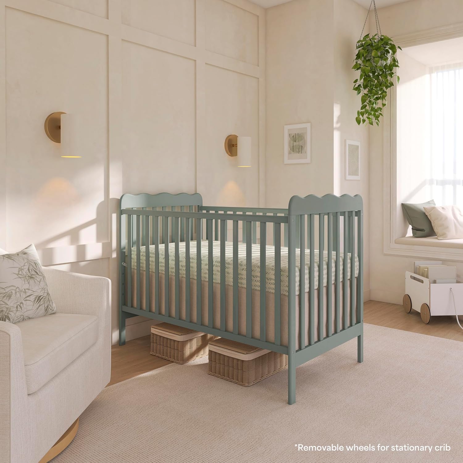 Dream On Me Carson Classic 3-in-1 Convertible Full-Size Baby Crib in Meadow Green, GreenGuard Gold & BSA, 4 Mattress Heights, Converts to Day & Toddler Bed, Locking Wheels, Classic Nursery Design