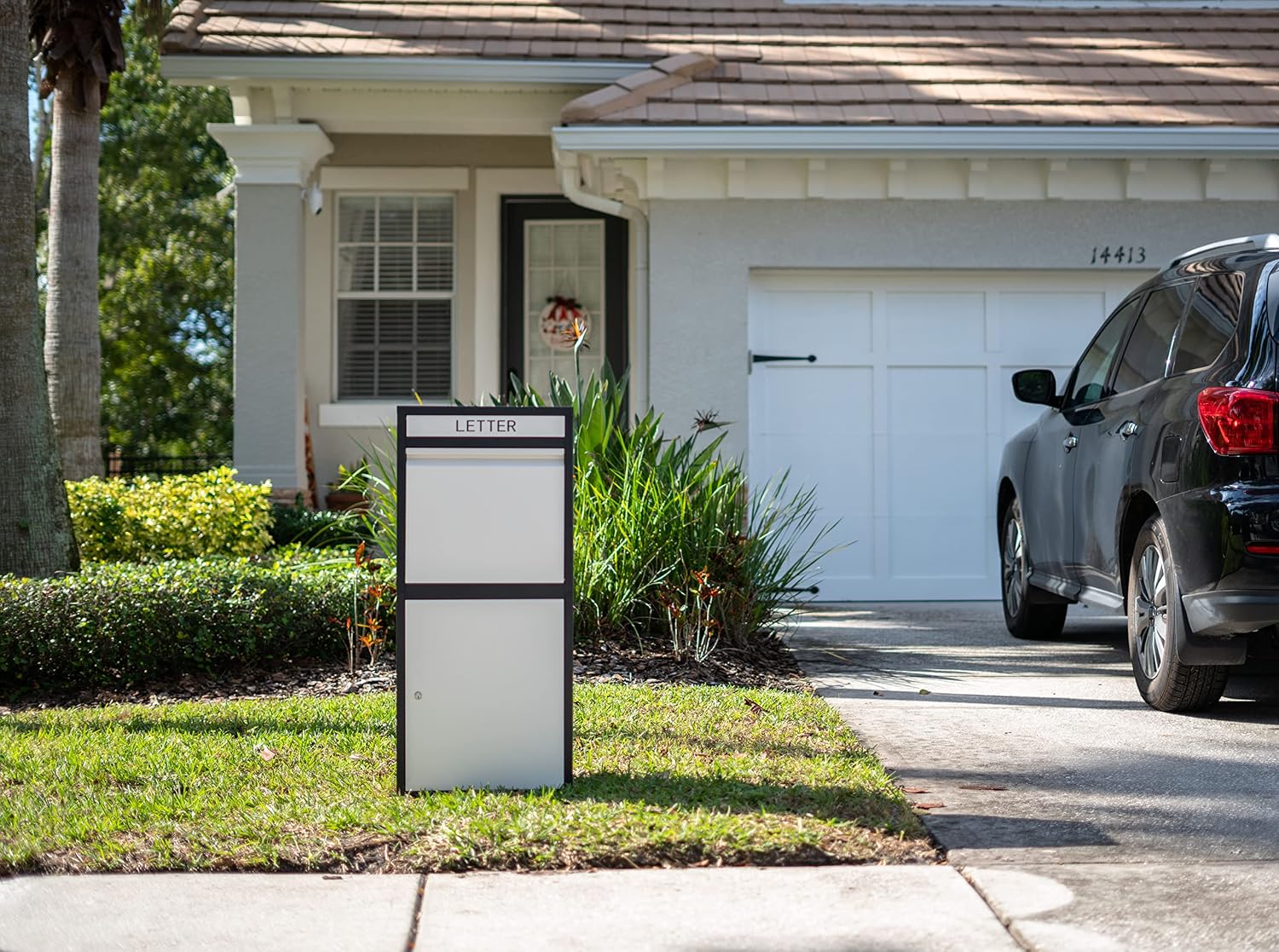 Package Delivery Boxes for Outside, Extra Large Capacity Modern Mailbox, Outdoor Freestanding Porch Box for Package (Black and White)