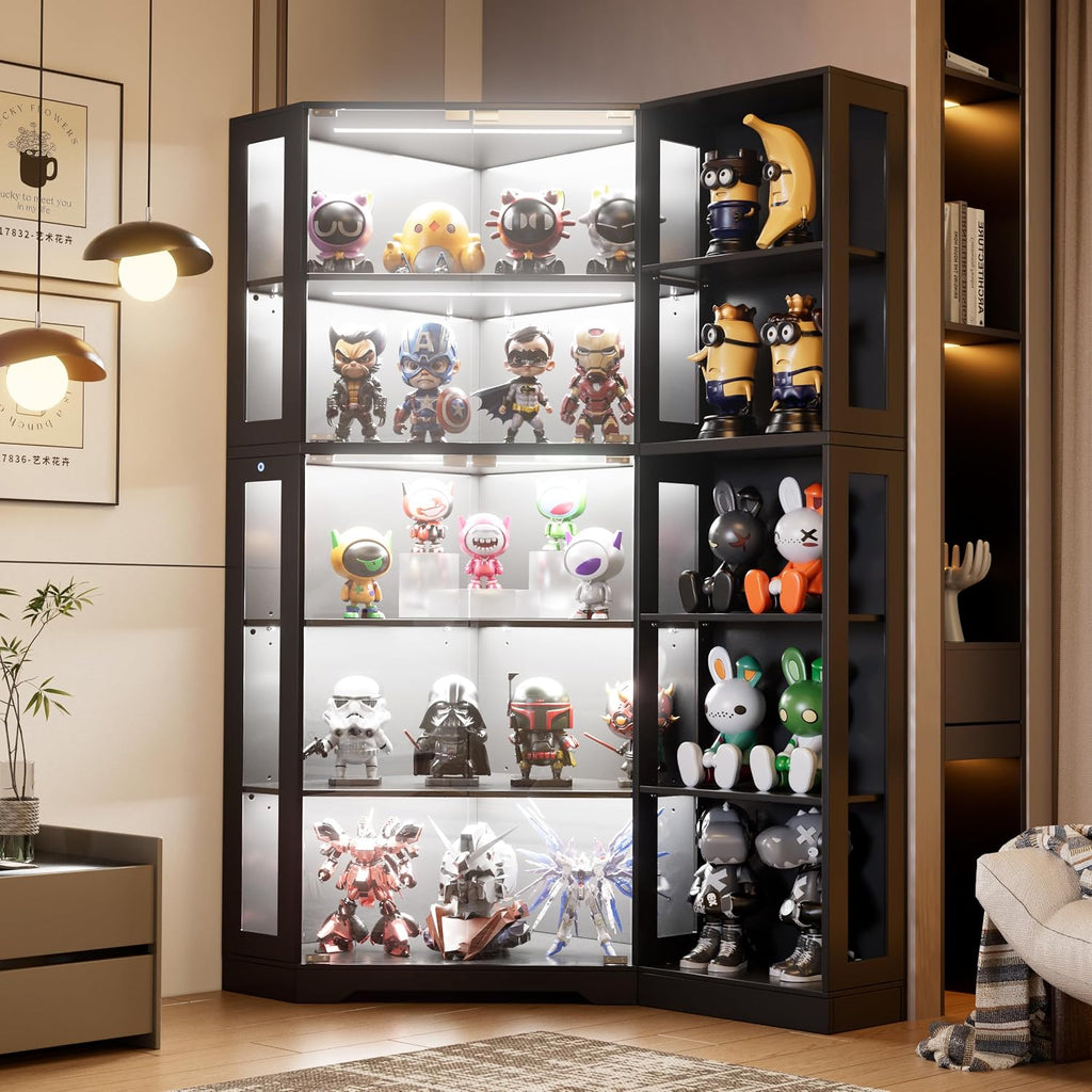 Corner Display Cabinet with Glass Doors,5-Tier Curio Cabinet with 3 Color Lights for Collectibles,71' Glass Display Case for Toys, Books, Extra Bookcase with 10 Dust-Proof Rack for Living Room, Black