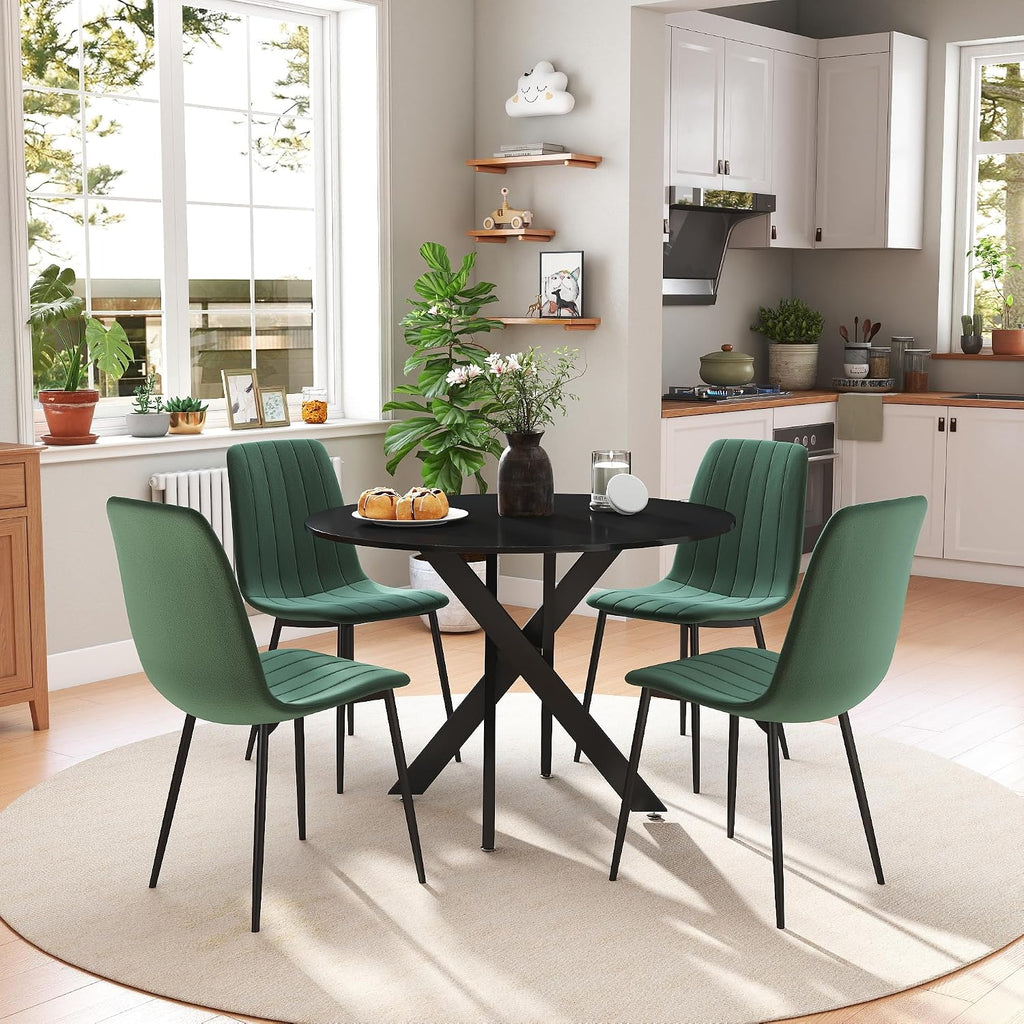 RGZ 36' Round Dining Table Set for 4, 5 PCS Modern Wooden Black Circle Kitchen Table with Steel Legs & 4 Green Velvet Upholstered Chairs for Dining Room, Living Room, Kitchen