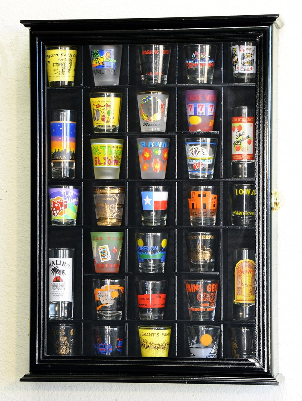 31 Shot Glass Shotglass Shooter Display Case Holder Cabinet Wall Rack -Black
