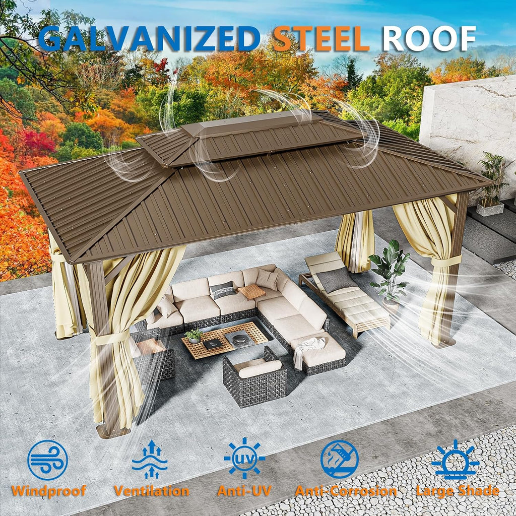 HOTEEL 10x15 Hardtop Gazebo on Clearance with Heavy Duty Galvanized Steel Double Metal roof,Aluminum Frame,Patio Gazebo with Curtains and Netting,Outdoor Permanent Gazebo Pavillon for Backyard,Bronw