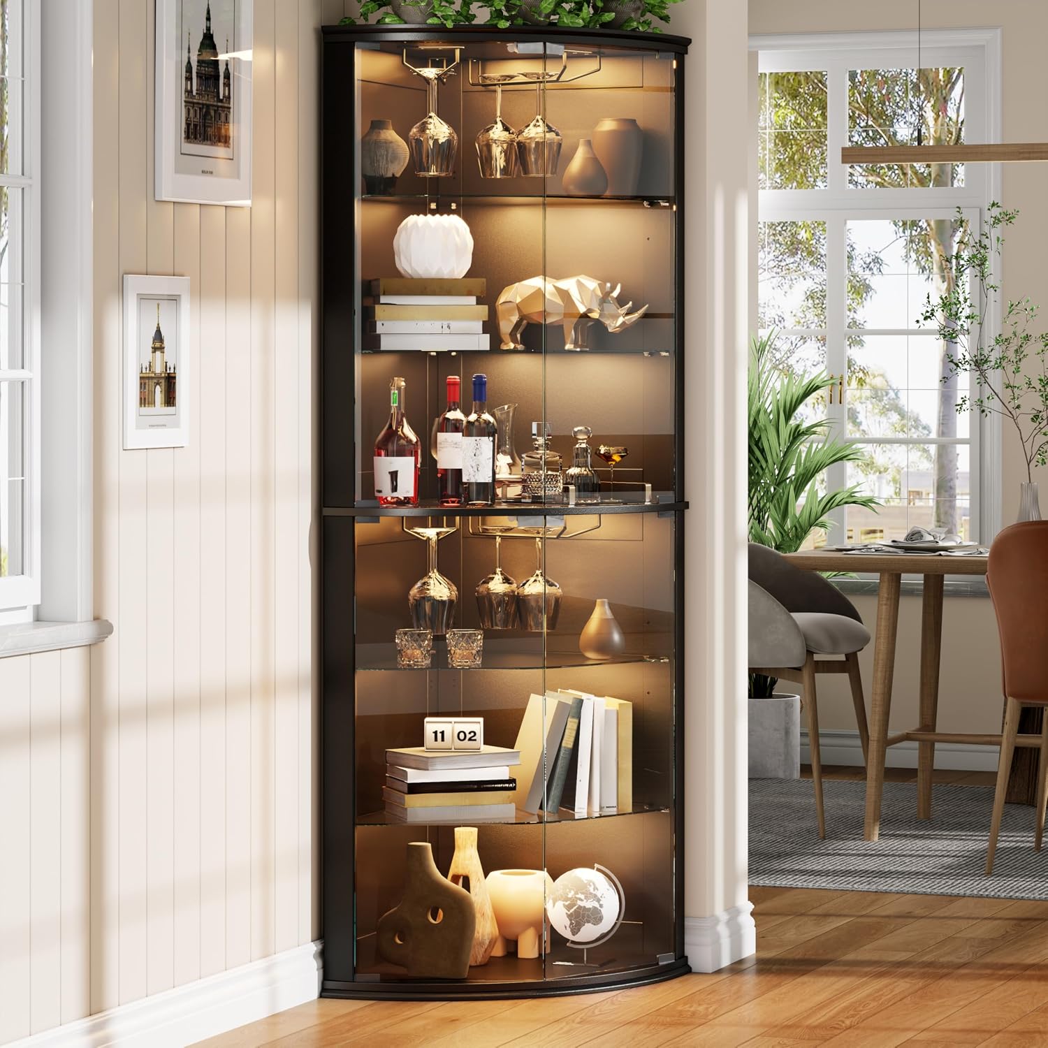 Loomie 70' Corner Bar Cabinet with LED Lights, 6-Tier Modern Wine Cabinet with Glass Door & Glass Holder, Tall Home Bar Liquor Cabinet with Adjustable Shelves for Dining Room, Living Room (Black)