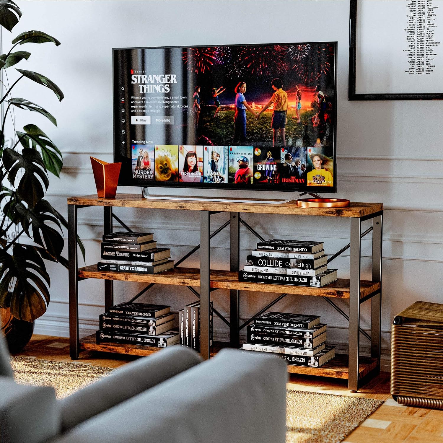 IRONCK Bookshelf Double Wide 55 in 3-Tier, Industrial Bookcases, Wood and Metal Bookshelves, Book Shelves for Home Office Decor Display