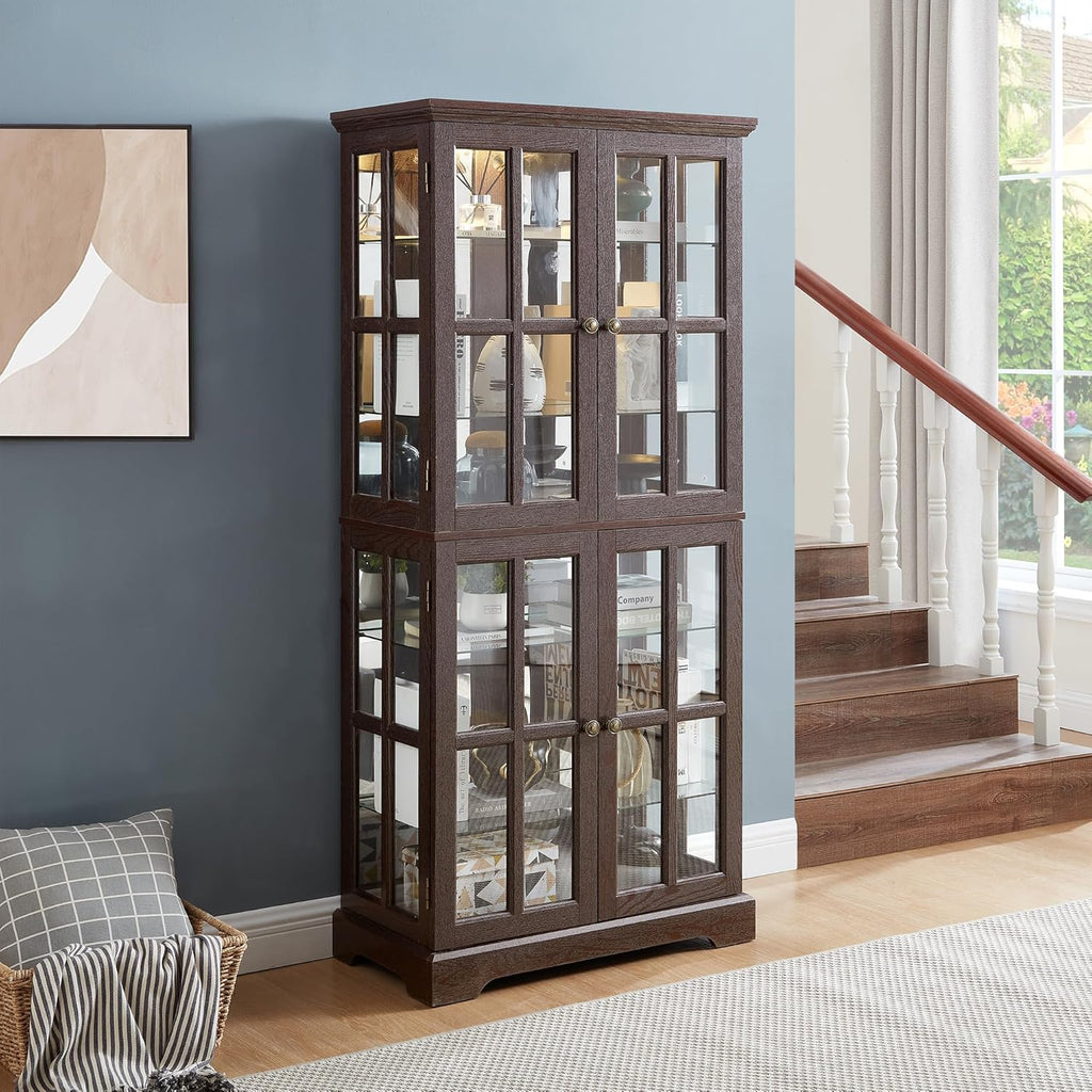 68' H Lighted Curio Display Cabinet Display Case,Wooden Glass Cabinet w/ 4 Glass Doors & Adjustable Shelves, 6 Tier Vintage Accent Storage Case w/Mirrored Back Pane for Home (Cherry)