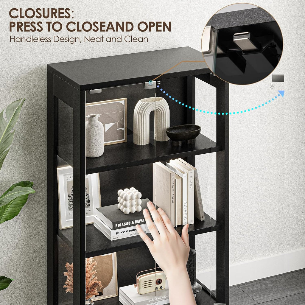 Display Cabinet with Glass Doors 4-Tier, Bookcase with Doors 7 Vibrant Colors 3 Dynamic Lighting Modes, HD Glass Storage Cabinet with Human Body Sensor for Curio, Trophy, Collectibles (Black)