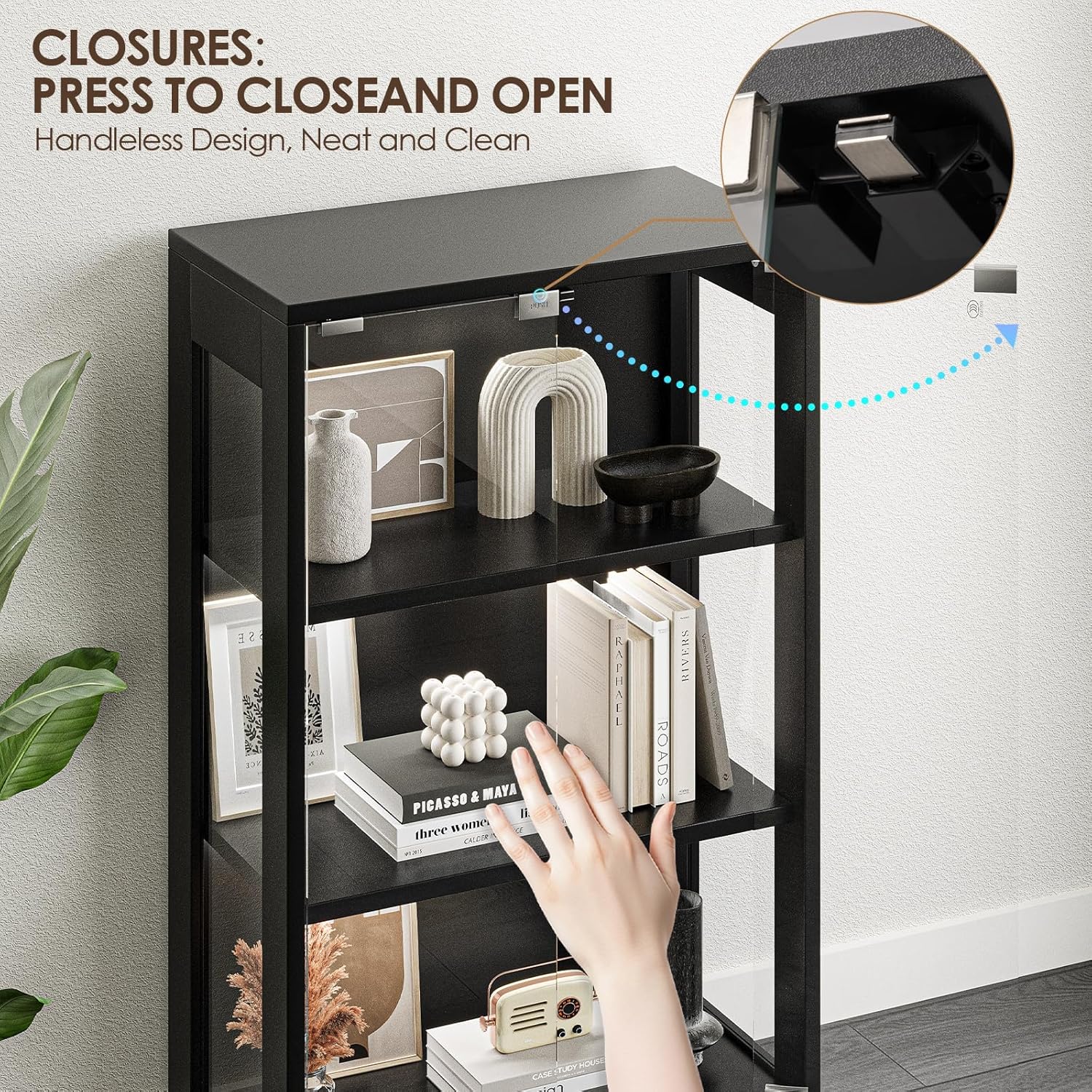 Display Cabinet with Glass Doors 4-Tier, Bookcase with Doors 7 Vibrant Colors 3 Dynamic Lighting Modes, HD Glass Storage Cabinet with Human Body Sensor for Curio, Trophy, Collectibles (Black)