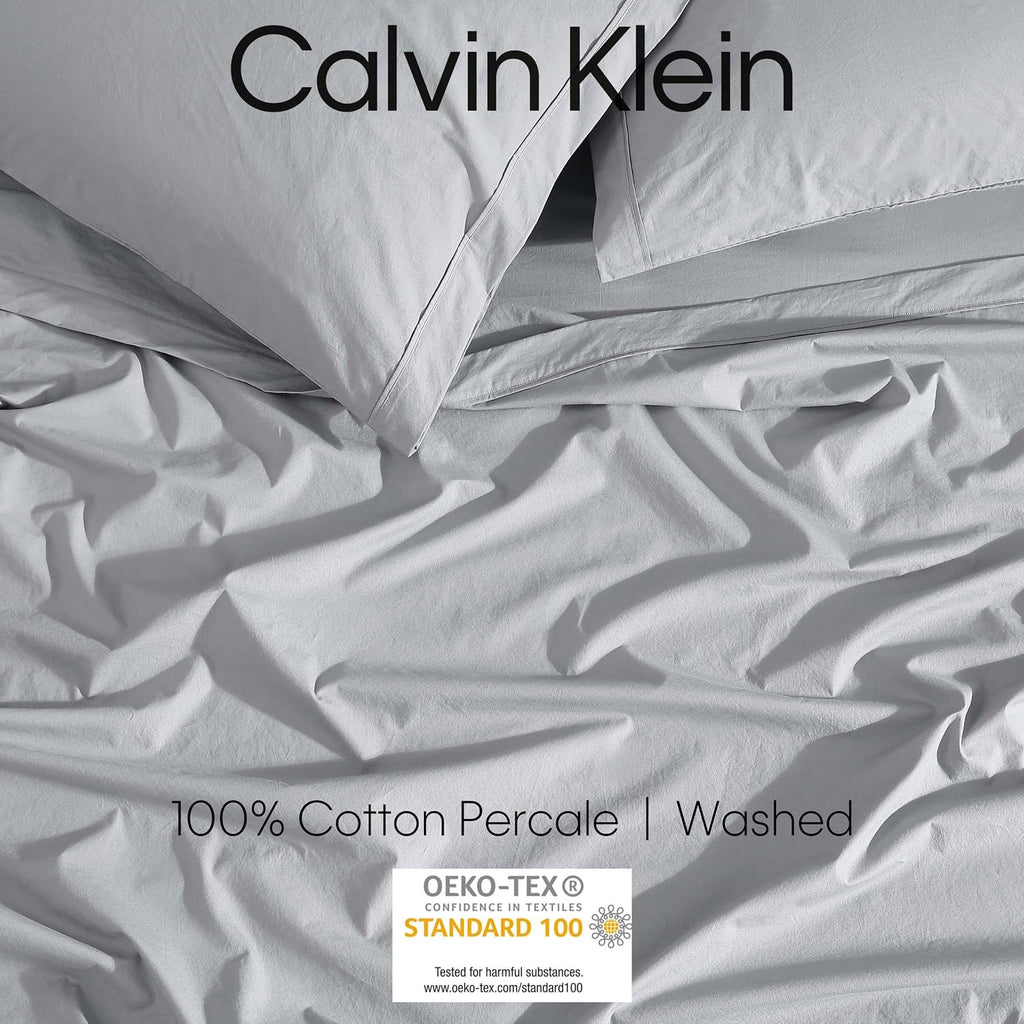 Calvin Klein - King Sheet Set, Crisp & Tailored Cooling Sheets with a Cotton Percale Lightweight Feel, Deep Pockets - Bed Sheets with Matching Pillowcases & Fitted Sheet (Washed Percale Steel Blue)