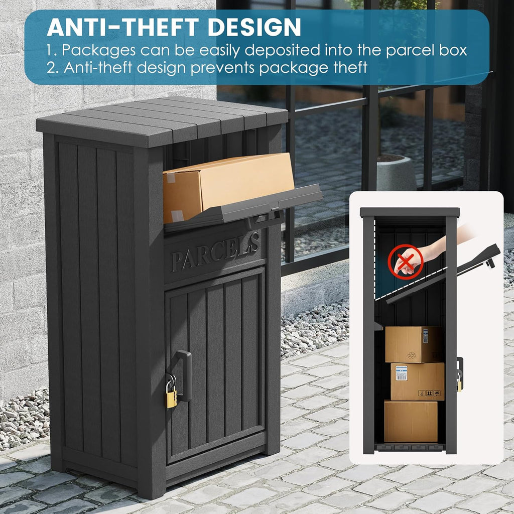 Package Delivery Box for Outside, Large Lockable & Weatherproof Anti-Theft Parcel Drop Box for Porch, Curbside, House Storage, Black(60 Gallon with Sign)